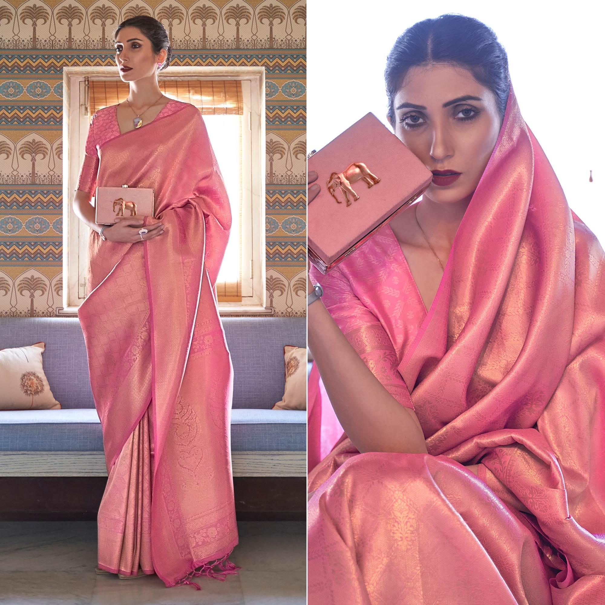 Pink Woven Art Silk Saree With Tassels - Peachmode