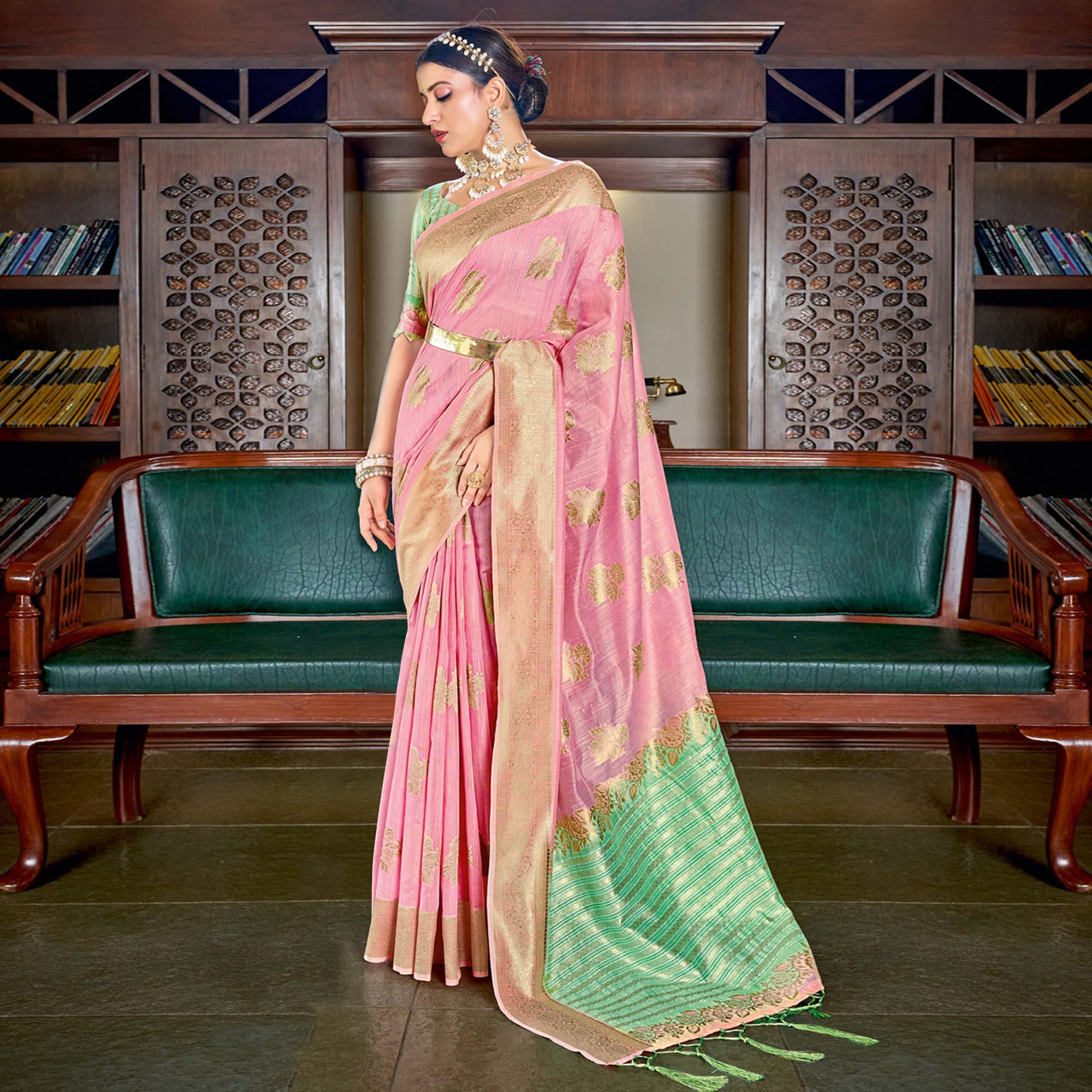 Pink Woven Art Silk Saree With Tassels - Peachmode