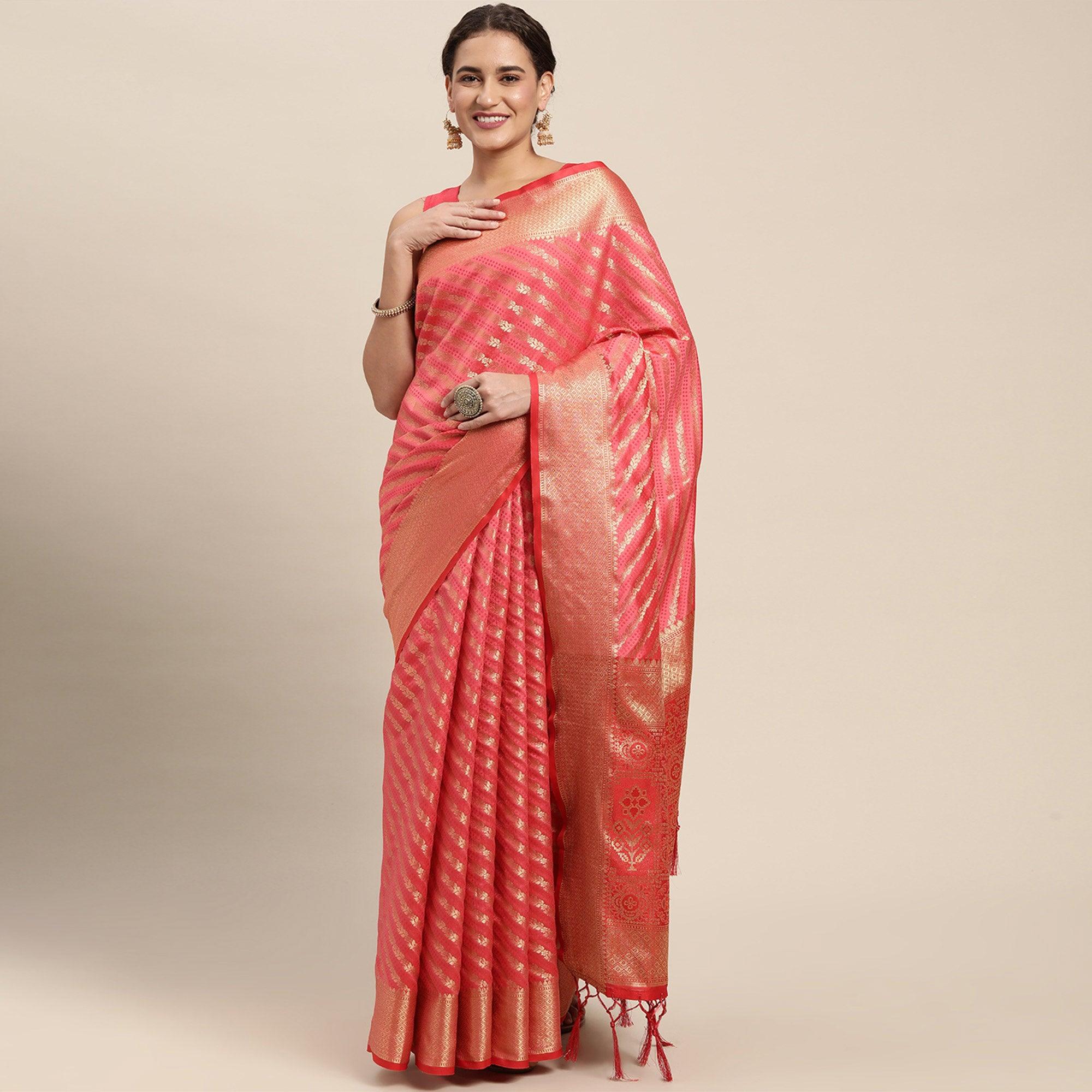 Pink Woven Art Silk Saree with Tassels - Peachmode
