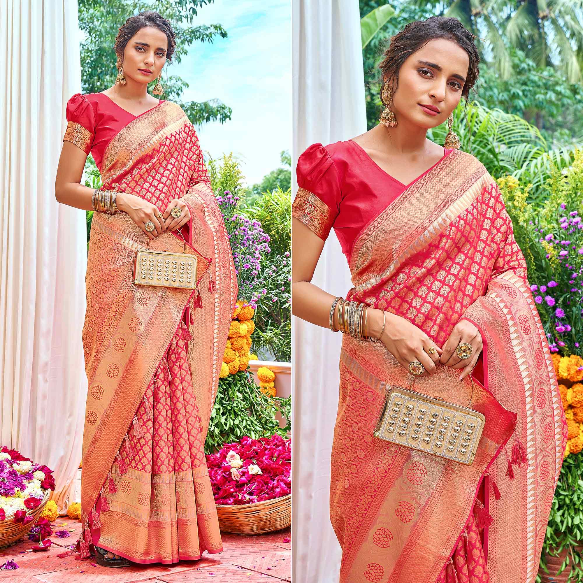 Pink Woven Art Silk Saree With Tassels - Peachmode