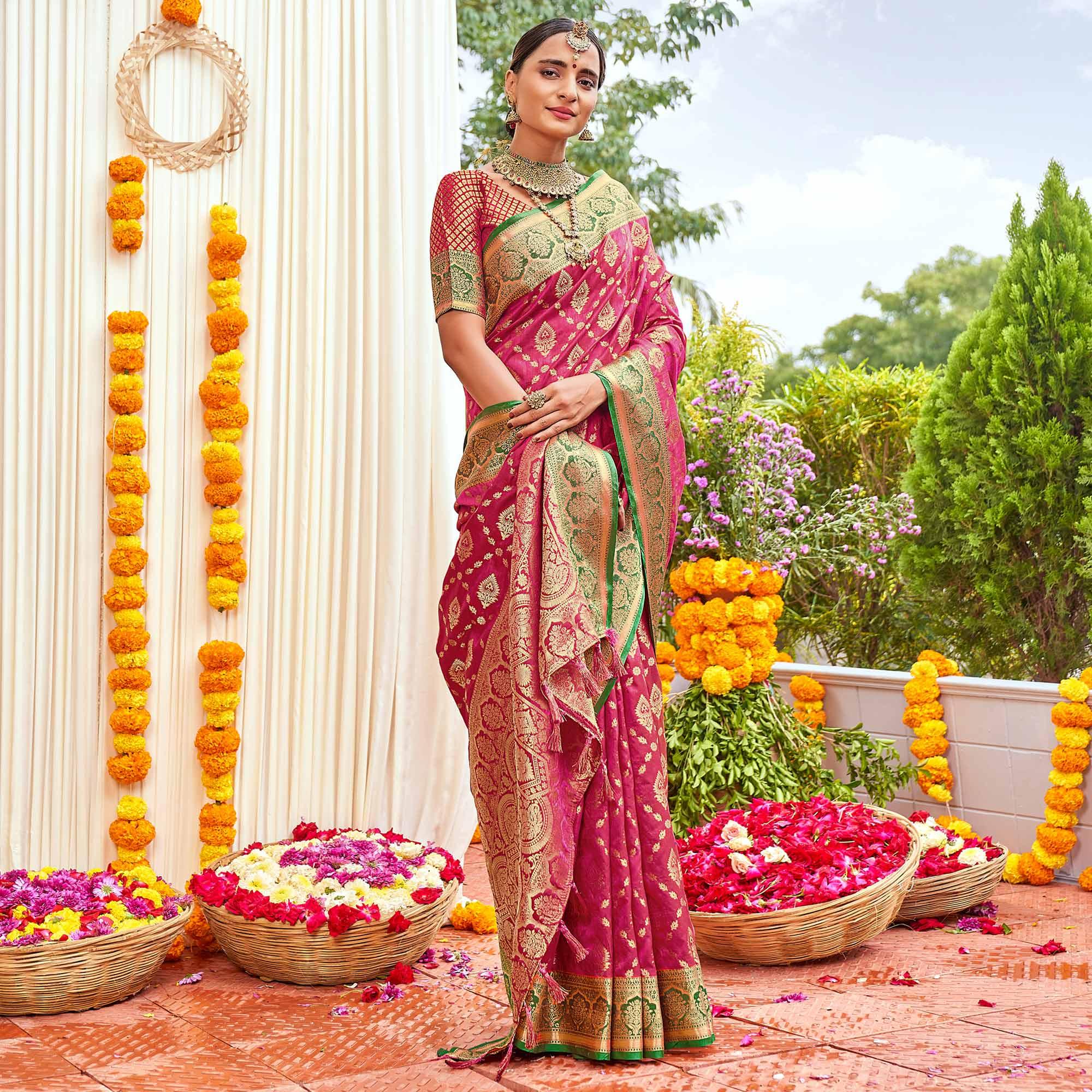 Pink Woven Art Silk Saree With Tassels - Peachmode
