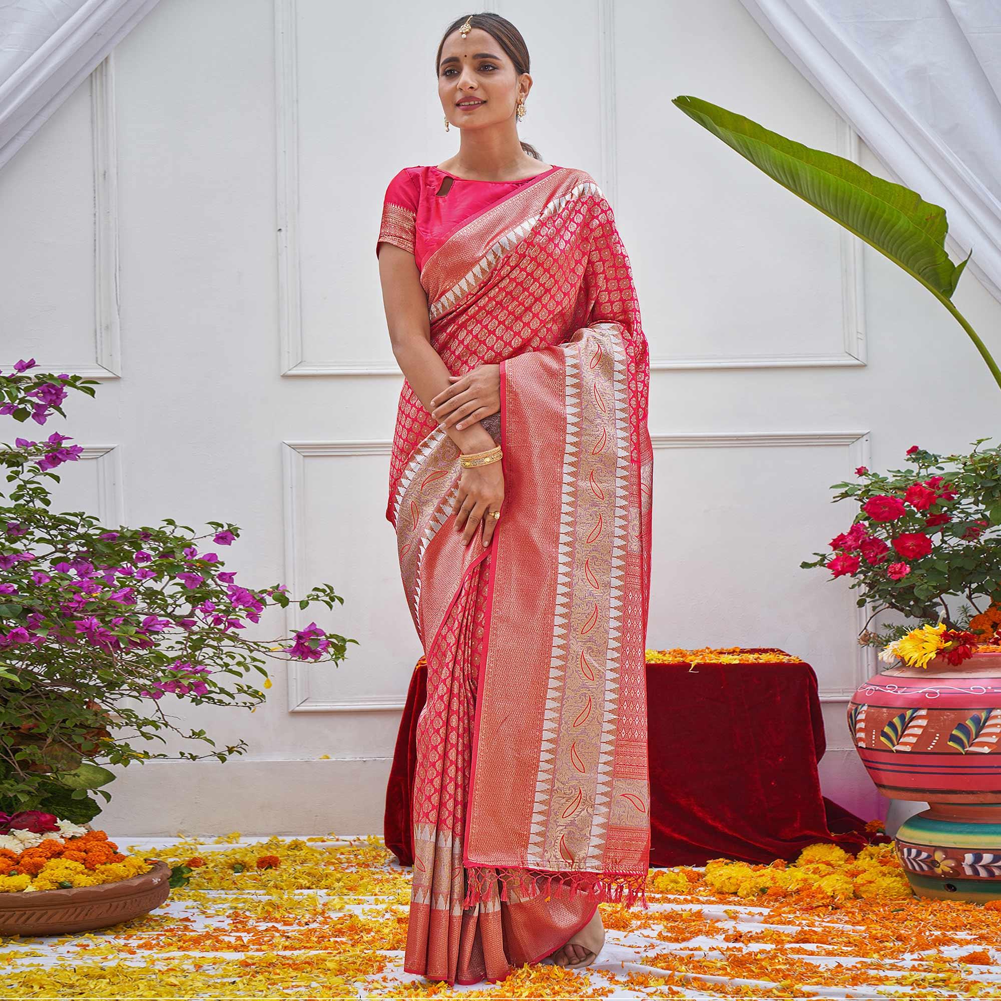 Pink Woven Art Silk Saree With Tassels - Peachmode