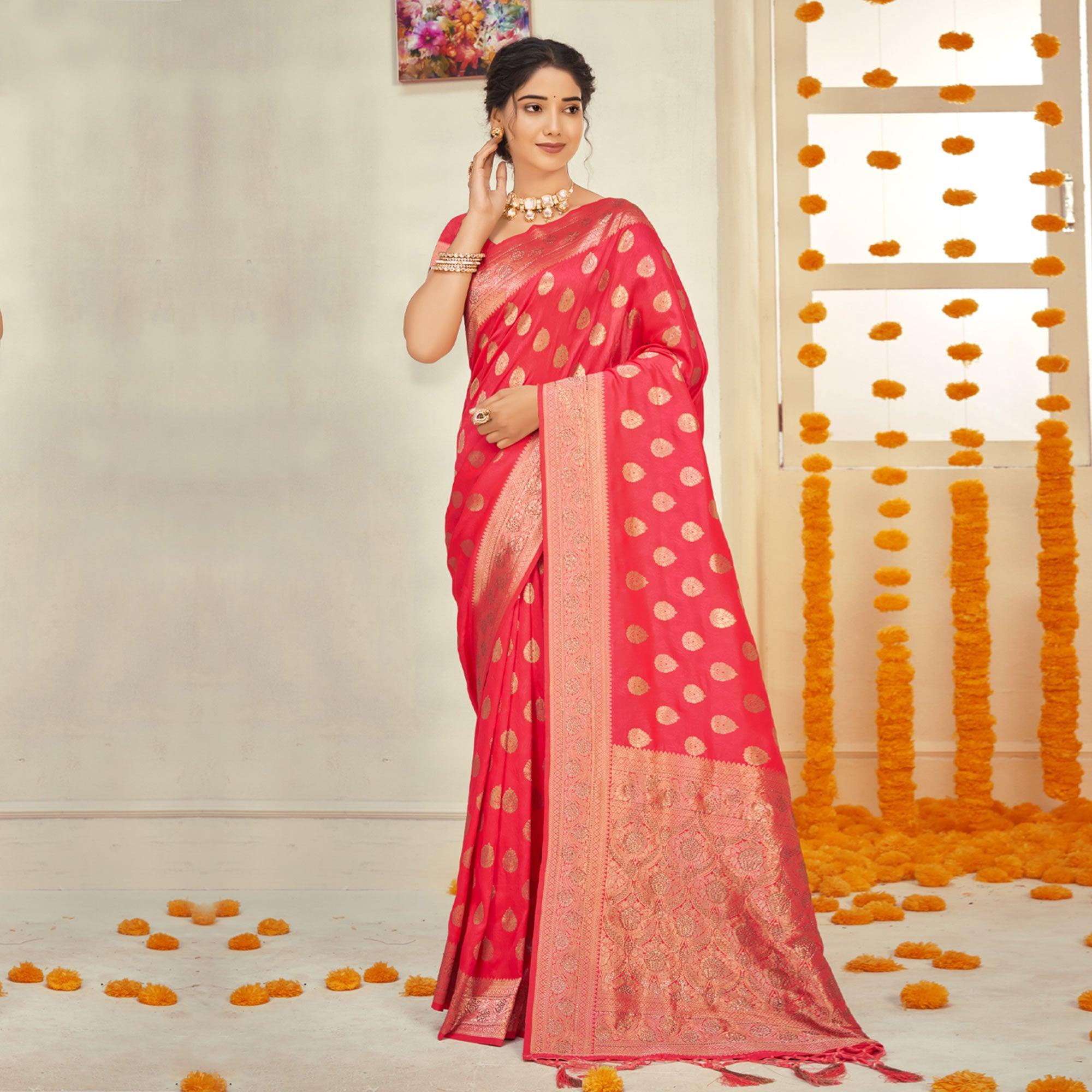 Pink Woven Art Silk Saree With Tassels - Peachmode