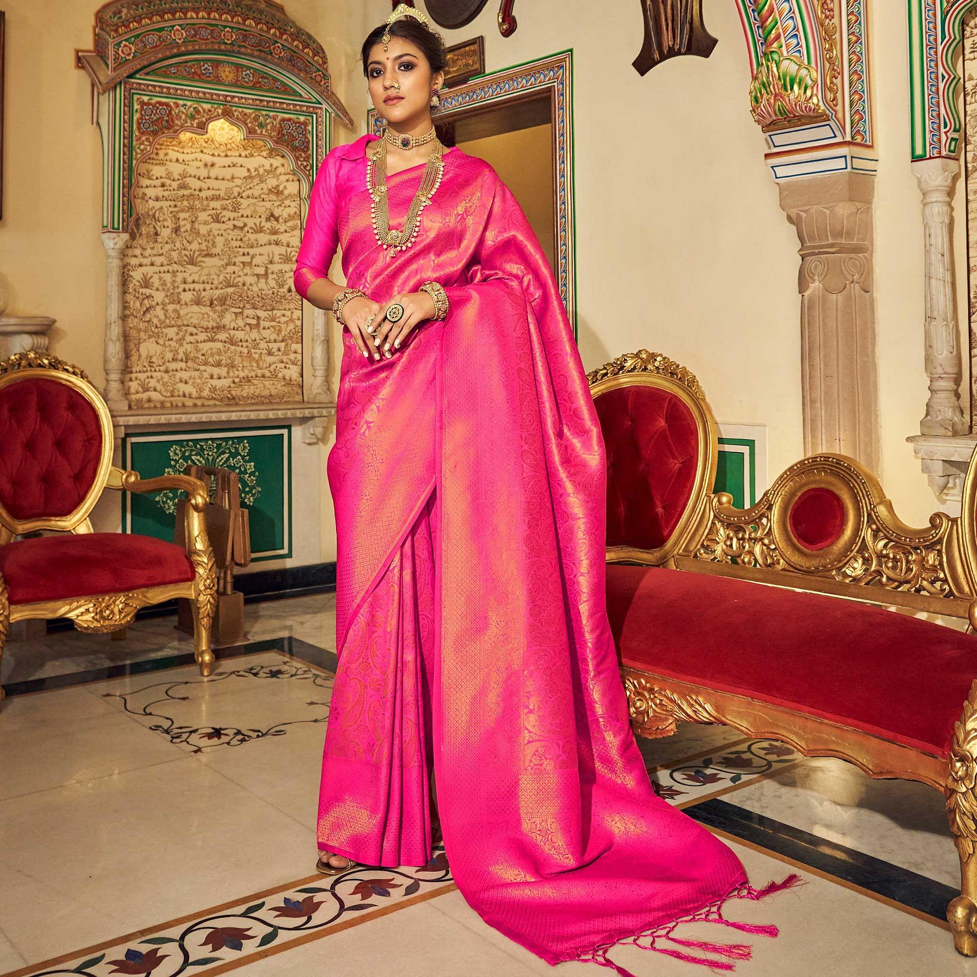 Pink Woven Art Silk Saree With Tassels - Peachmode