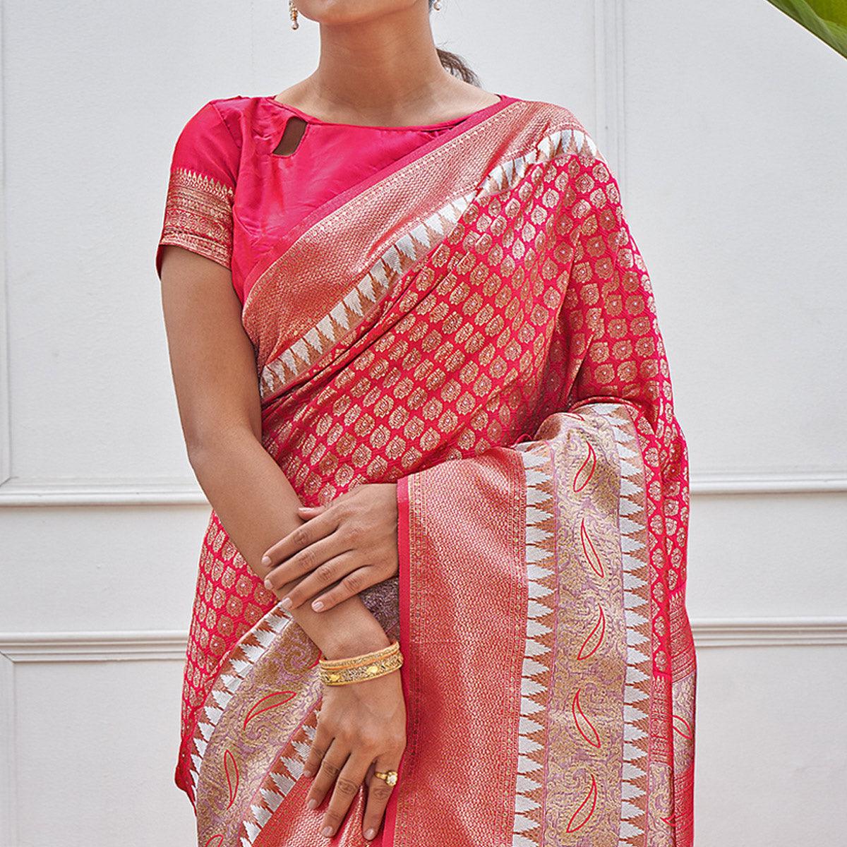 Pink Woven Art Silk Saree With Tassels - Peachmode