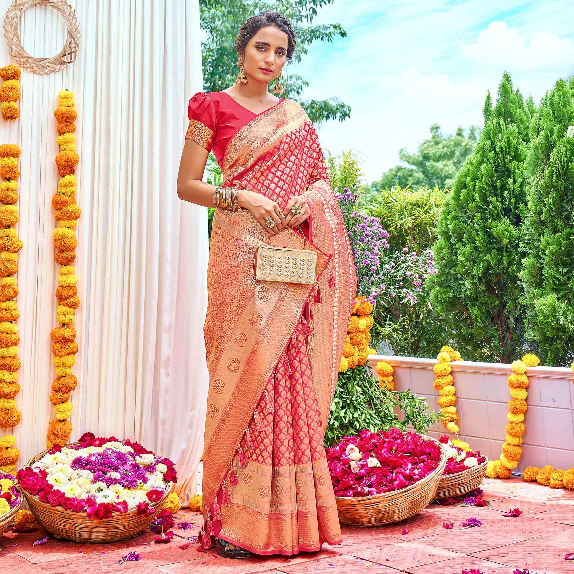 Pink Woven Art Silk Saree With Tassels - Peachmode