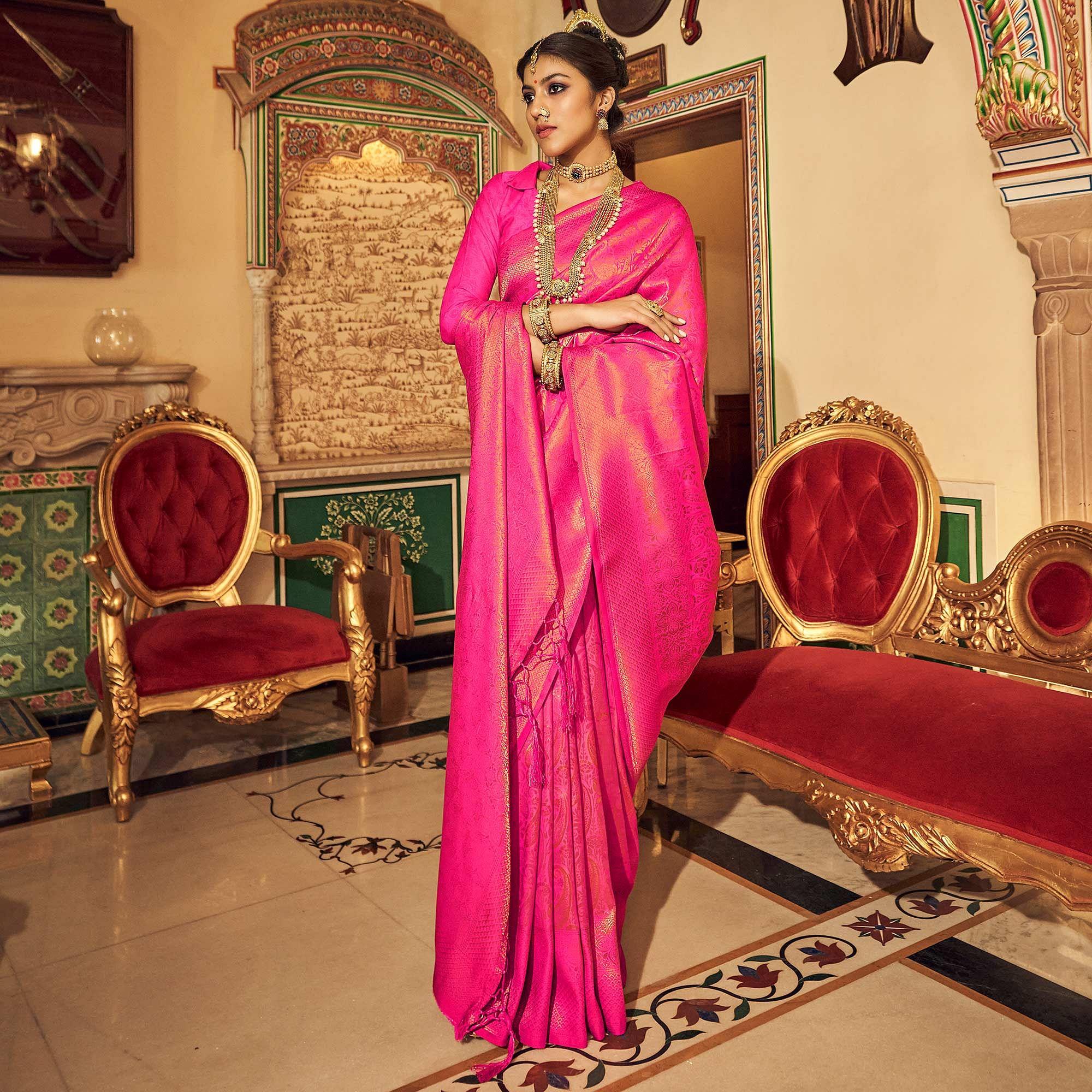 Pink Woven Art Silk Saree With Tassels - Peachmode