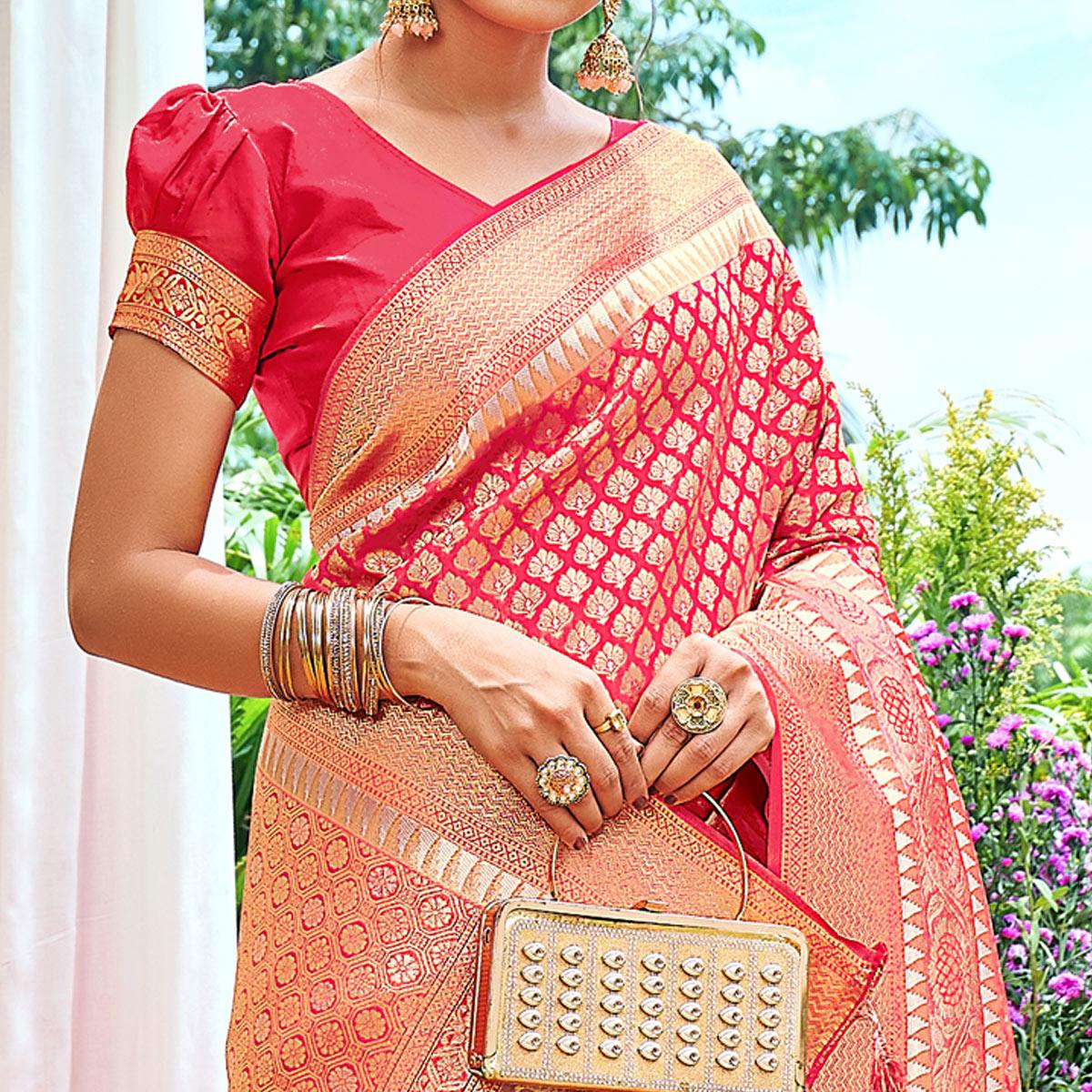 Pink Woven Art Silk Saree With Tassels - Peachmode
