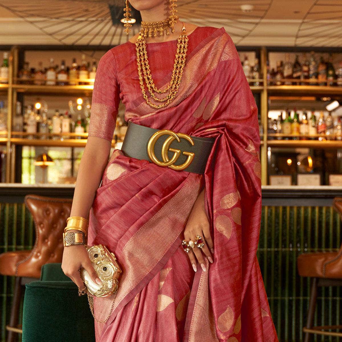 Pink Woven Art Silk Saree With Tassels - Peachmode