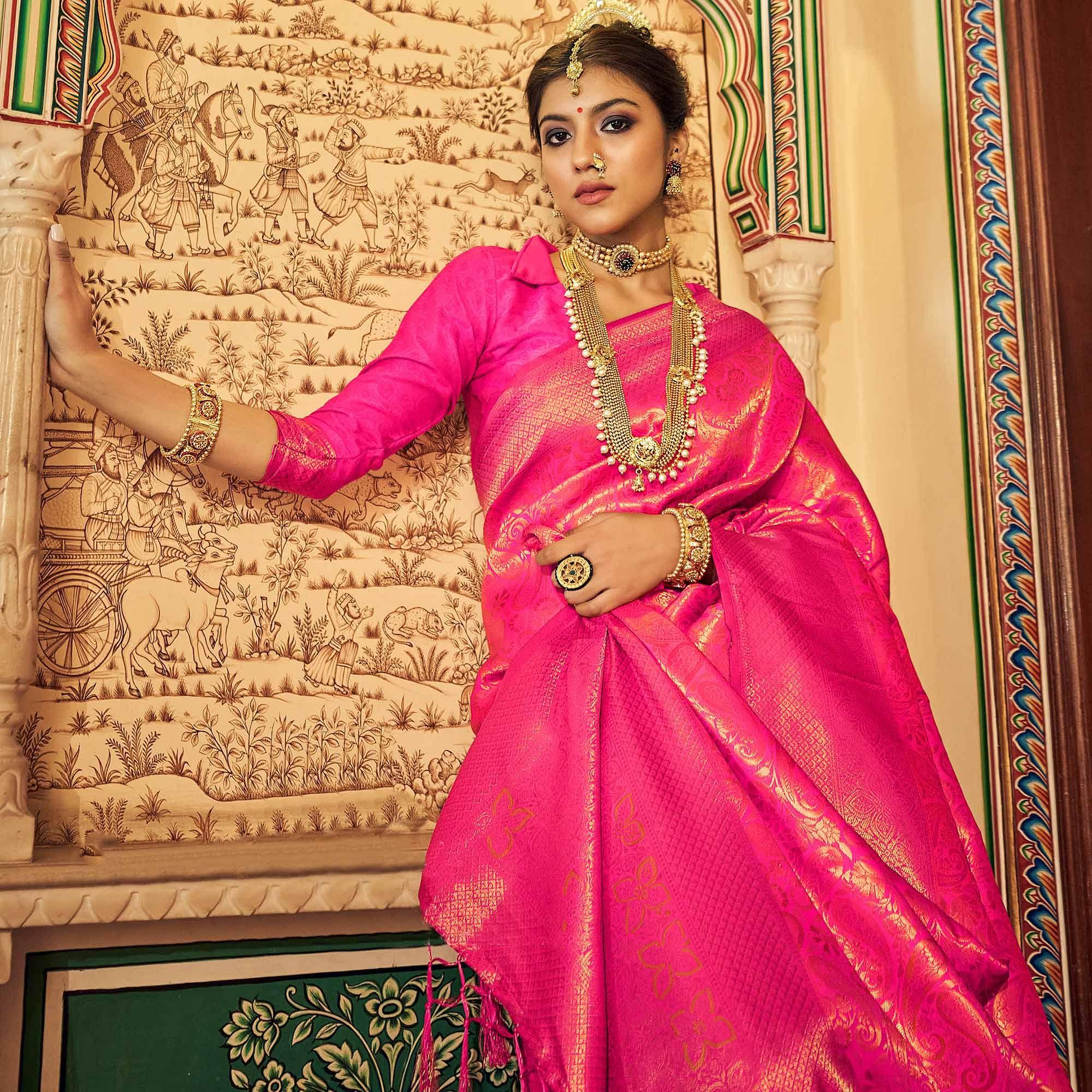 Pink Woven Art Silk Saree With Tassels - Peachmode