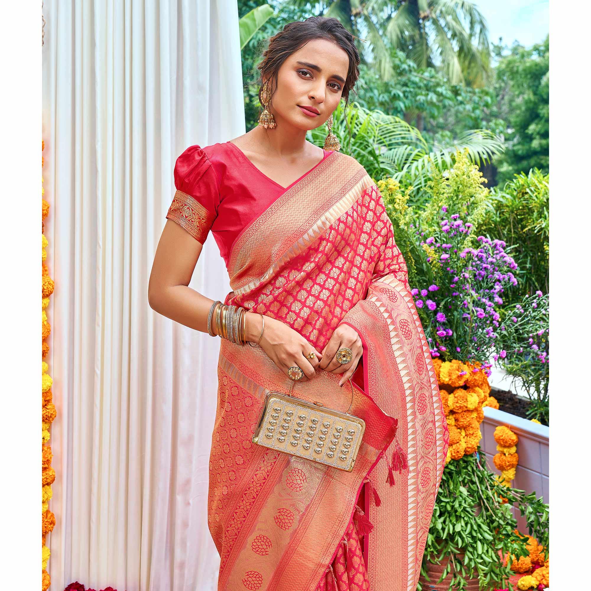 Pink Woven Art Silk Saree With Tassels - Peachmode