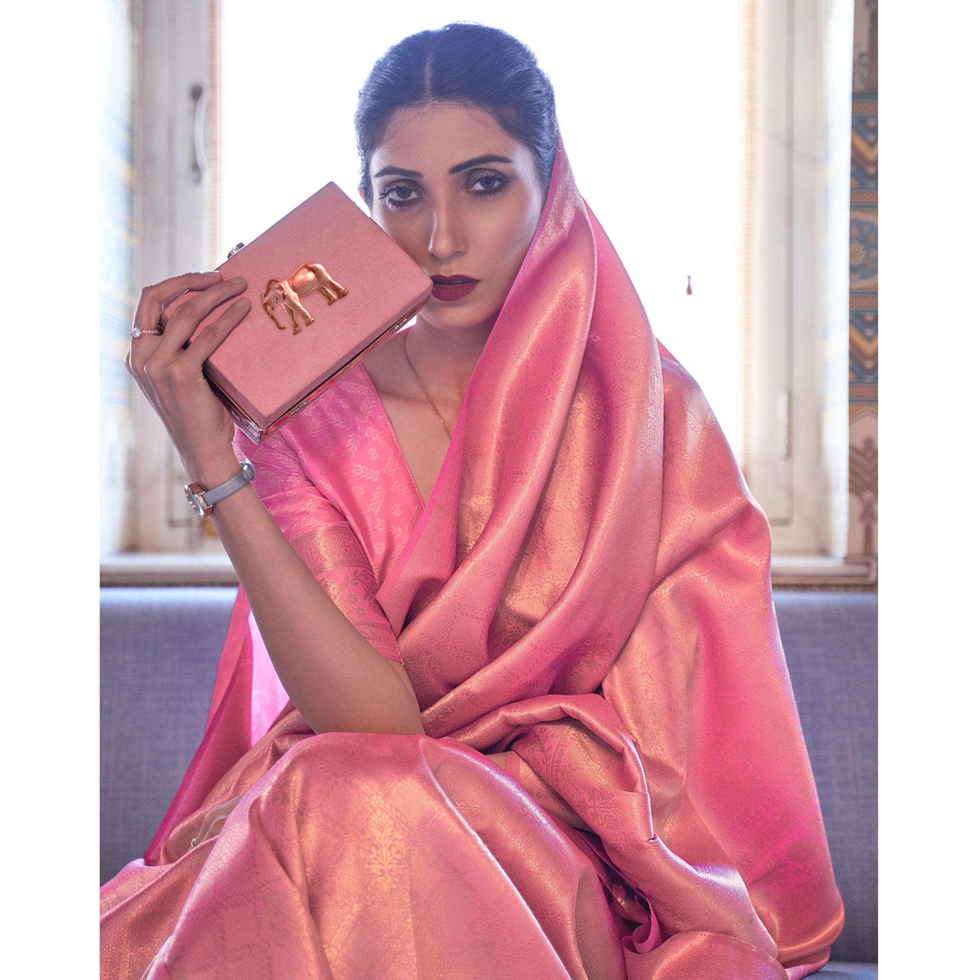 Pink Woven Art Silk Saree With Tassels - Peachmode