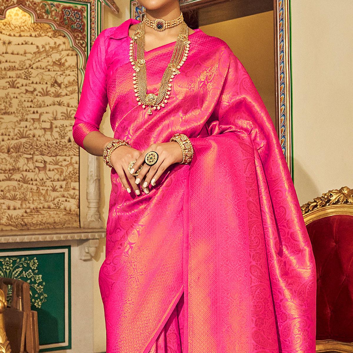 Pink Woven Art Silk Saree With Tassels - Peachmode