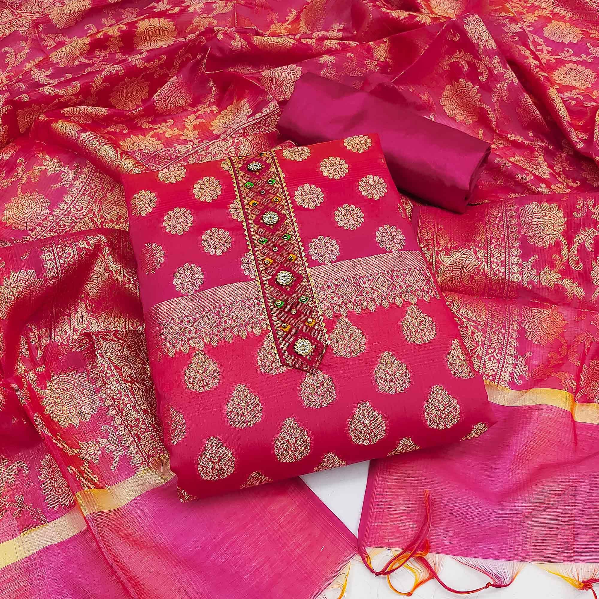 Pink Woven Banarasi Dress Material - Peachmode
