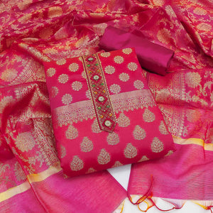 Pink Woven Banarasi Dress Material - Peachmode