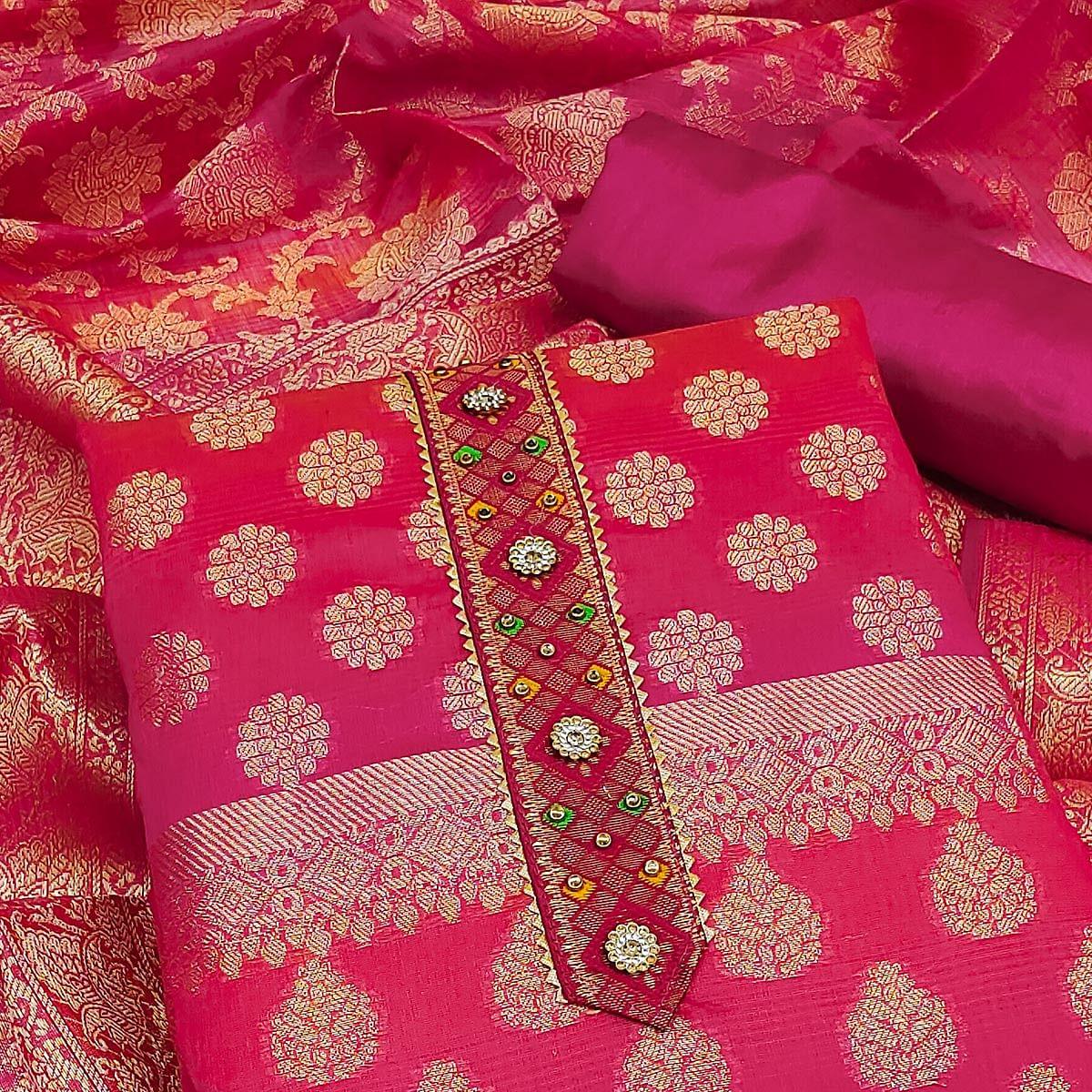 Pink Woven Banarasi Dress Material - Peachmode