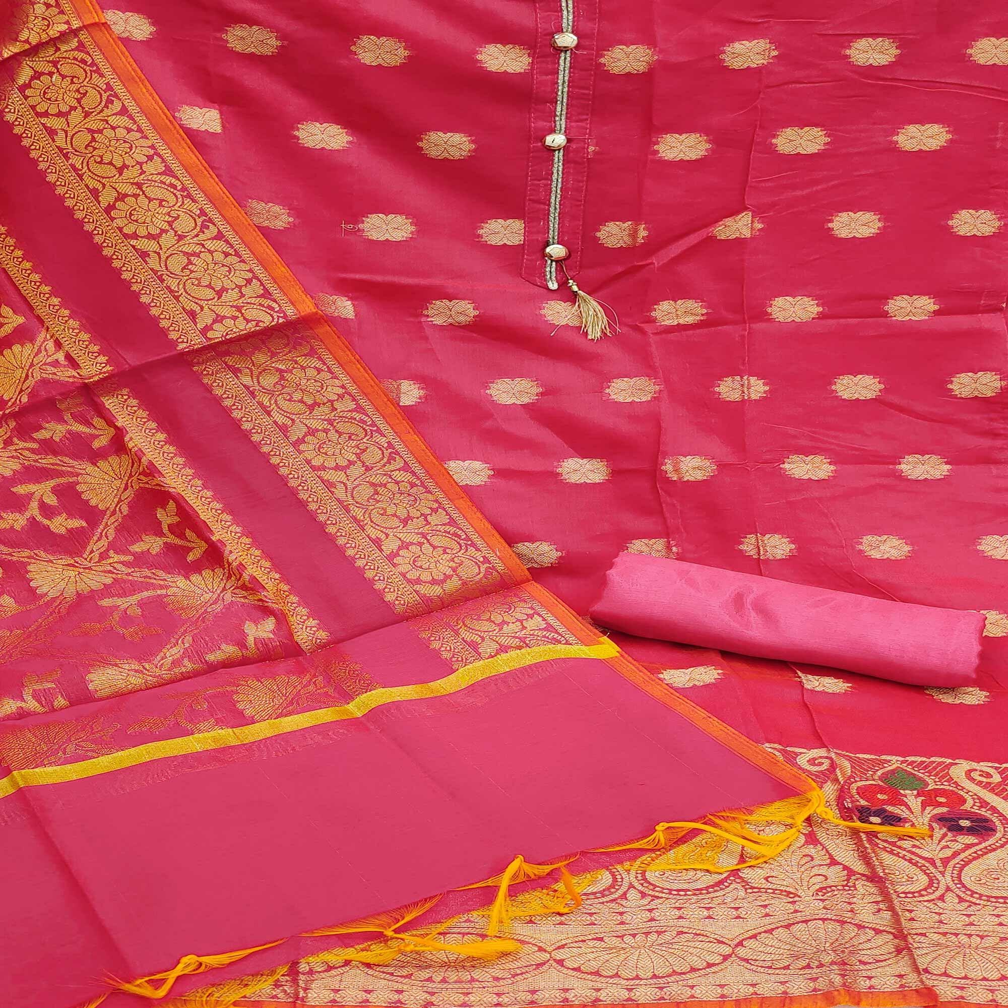 Pink Woven Banarasi Dress Material - Peachmode