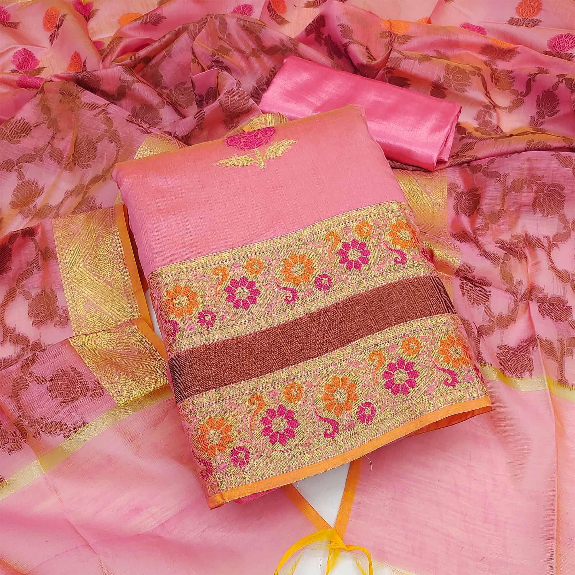 Pink Woven Banarasi Jacqaurd Dress Material - Peachmode