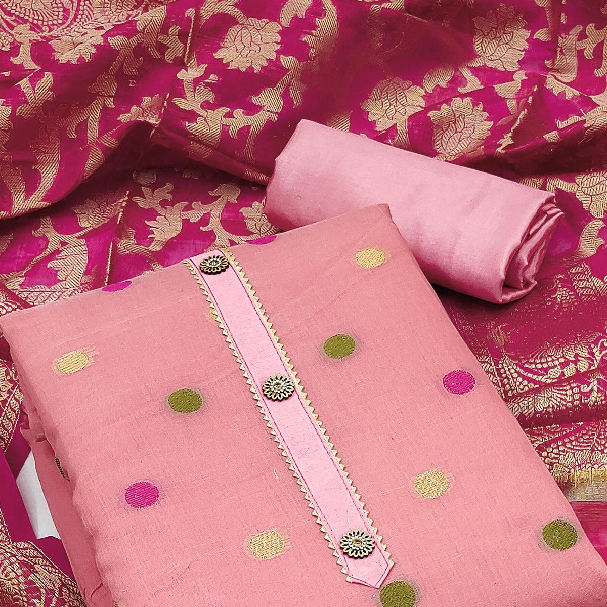 Pink Woven Banarasi Silk Dress Material - Peachmode