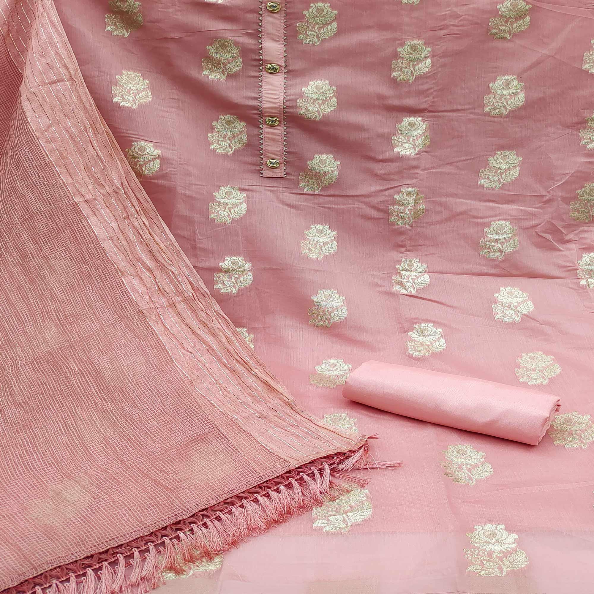 Pink Woven Banarasi Silk Dress Material - Peachmode