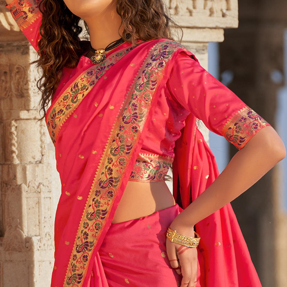Pink Woven Banarasi Silk Paithani Saree - Peachmode