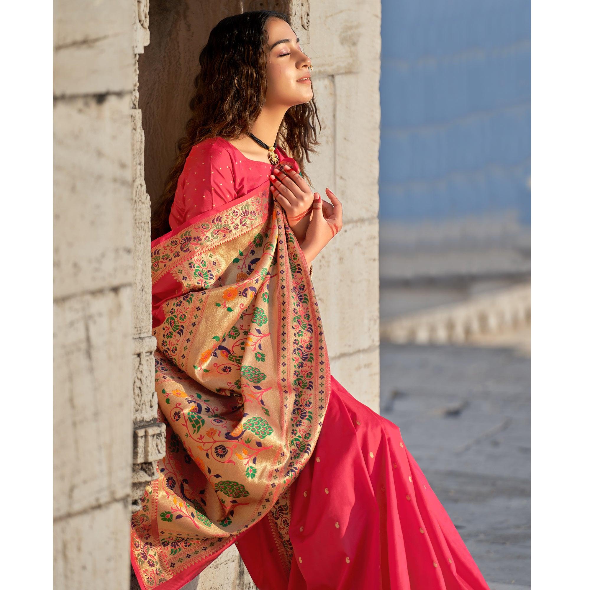 Pink Woven Banarasi Silk Paithani Saree - Peachmode