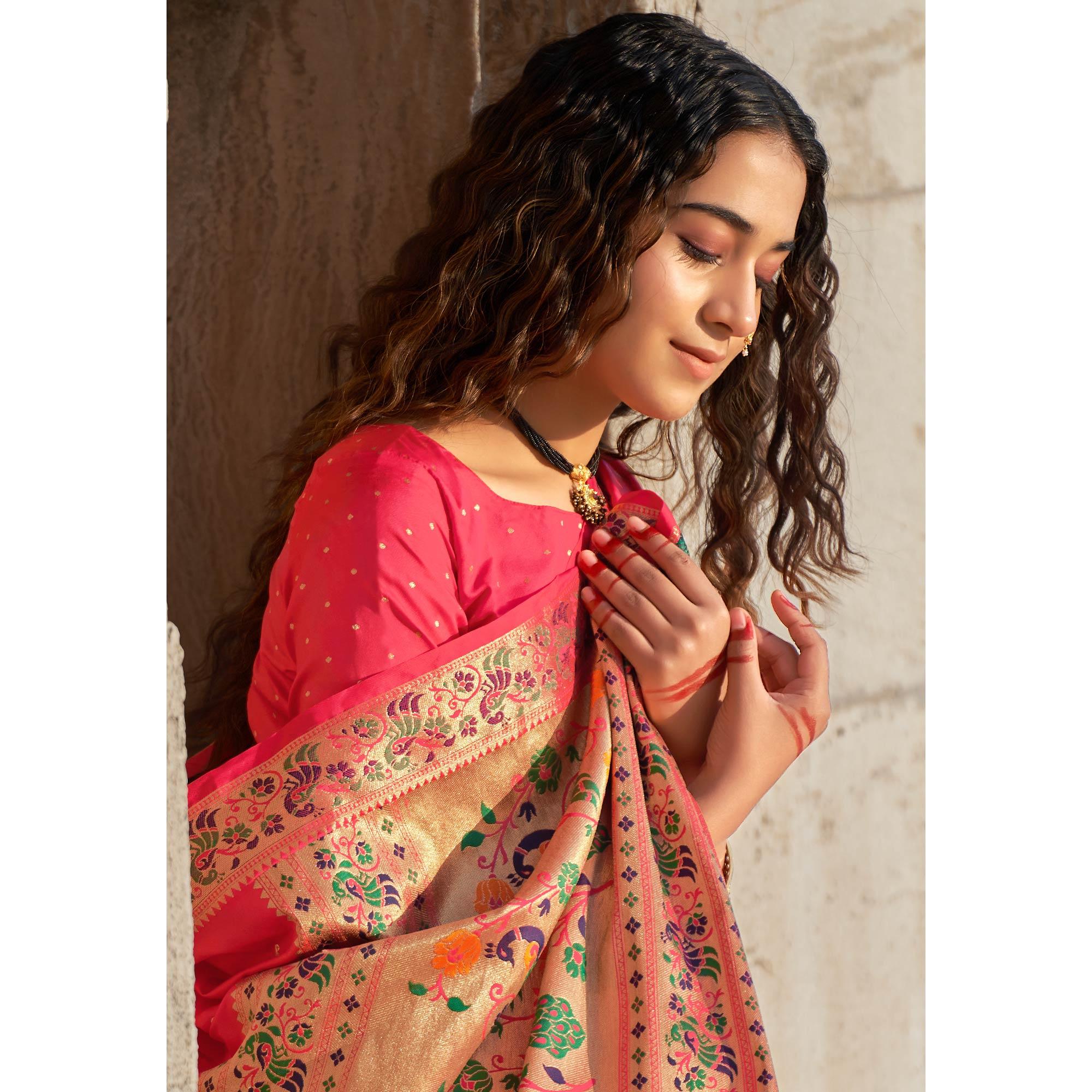 Pink Woven Banarasi Silk Paithani Saree - Peachmode
