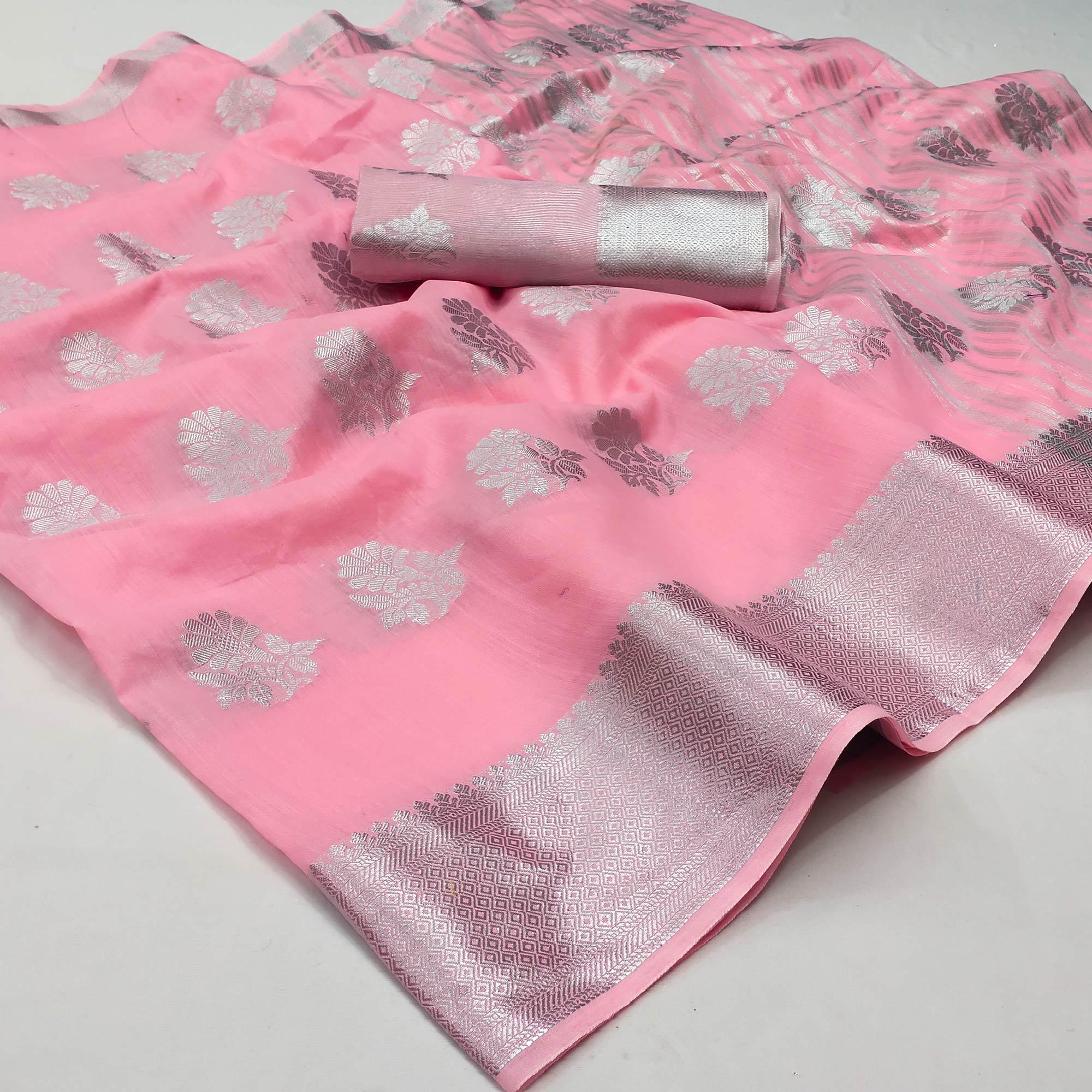 Pink Woven Banarasi Silk Saree - Peachmode
