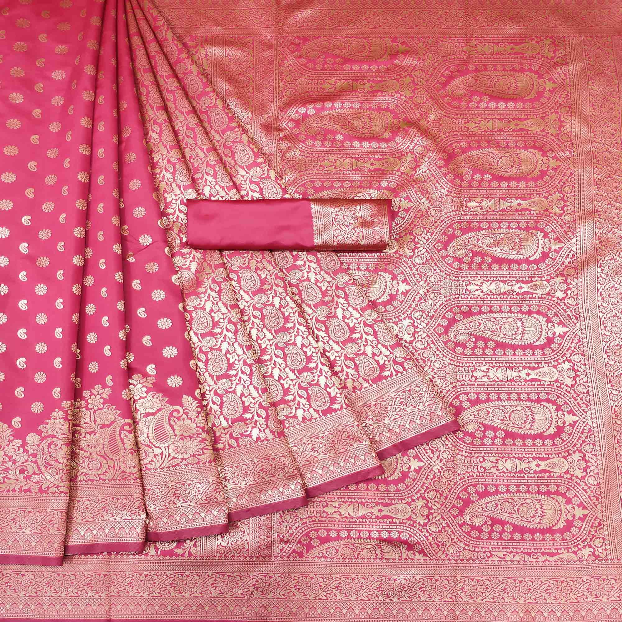 Pink Woven Banarasi Silk Saree - Peachmode