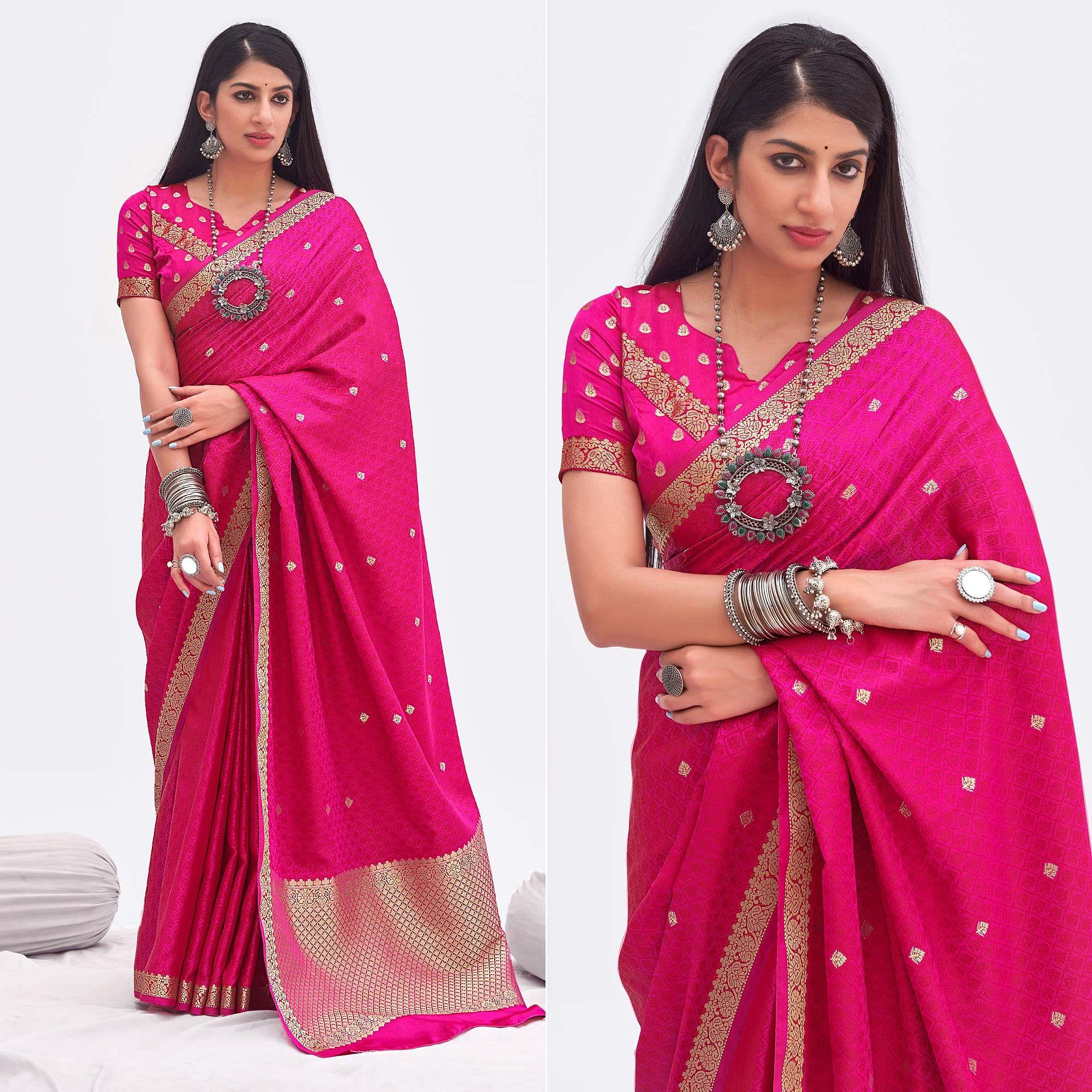 Pink Woven Banarasi Silk Saree - Peachmode