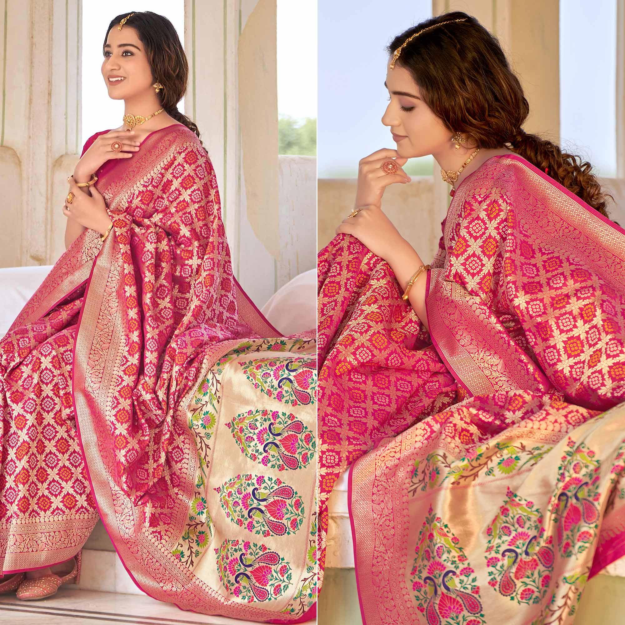 Pink Woven Banarasi Silk Saree - Peachmode