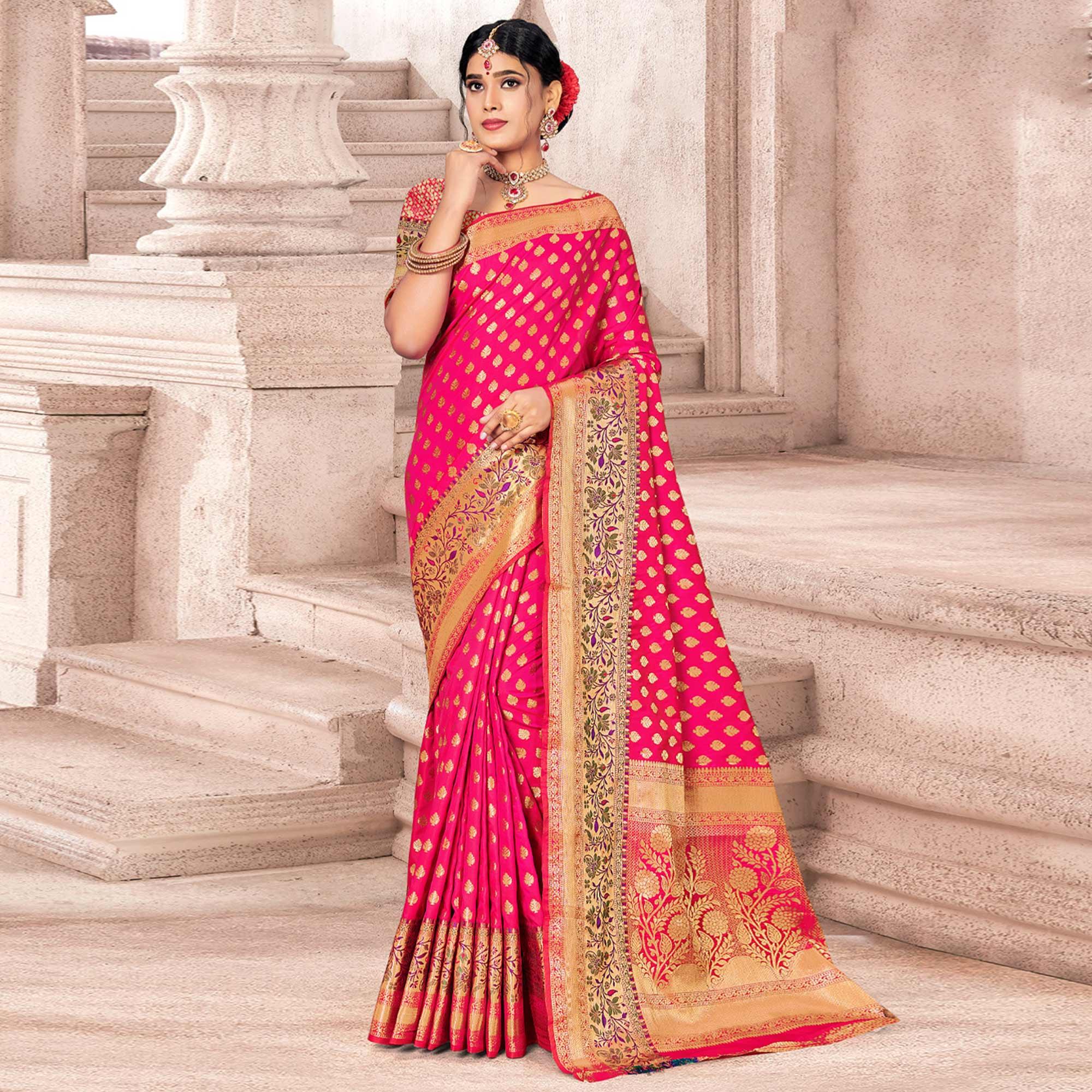 Pink Woven Banarasi Silk Saree - Peachmode