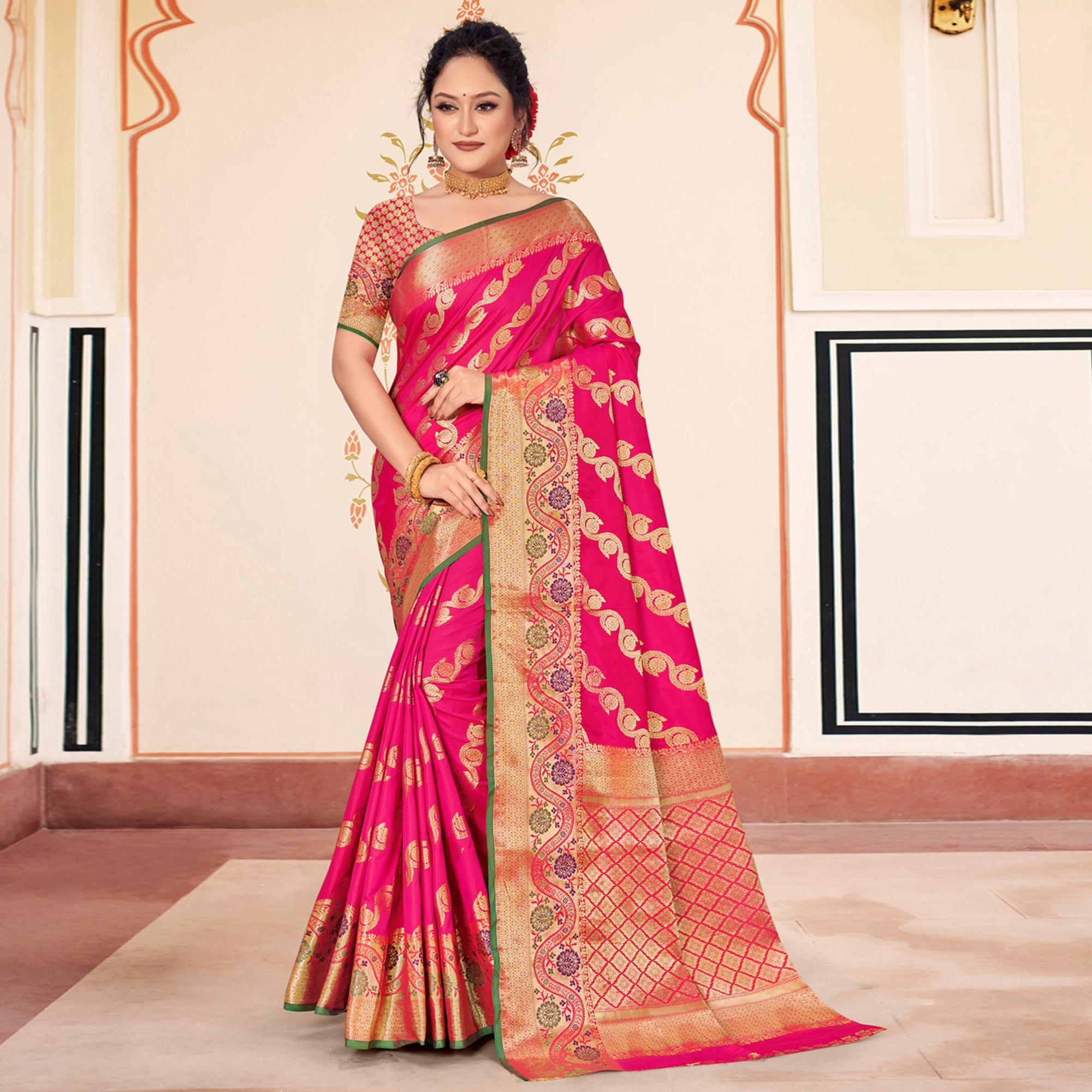 Pink Woven Banarasi Silk Saree - Peachmode