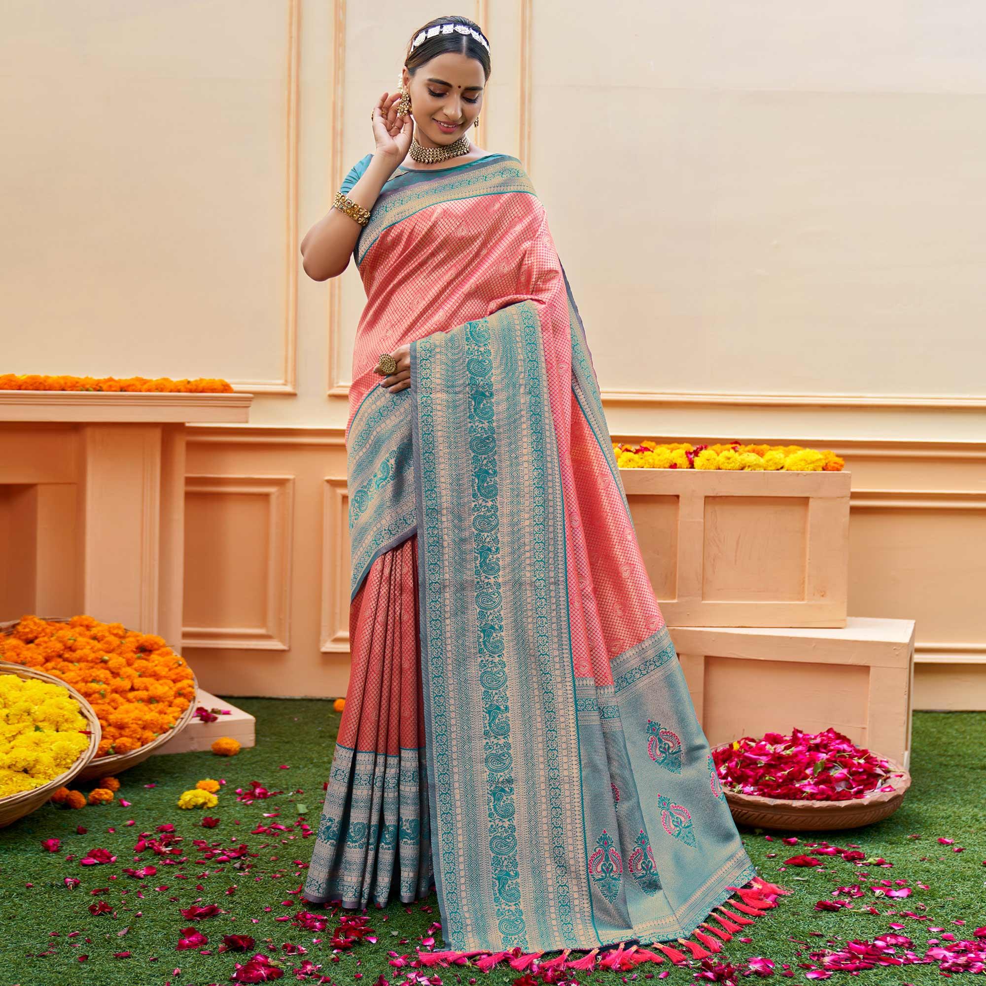 Pink Woven Banarasi Silk Saree - Peachmode