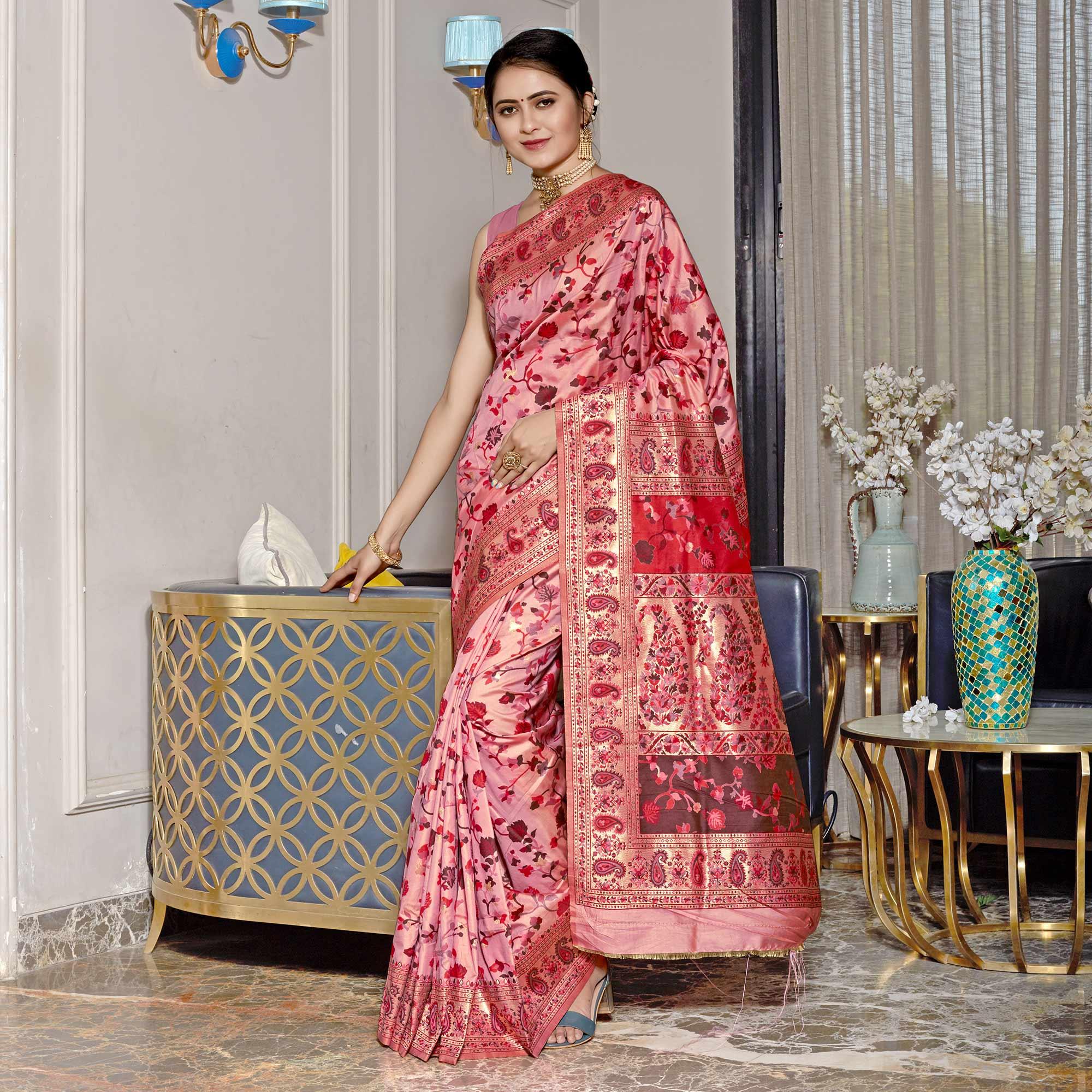 Pink Woven Banarasi Silk Saree - Peachmode
