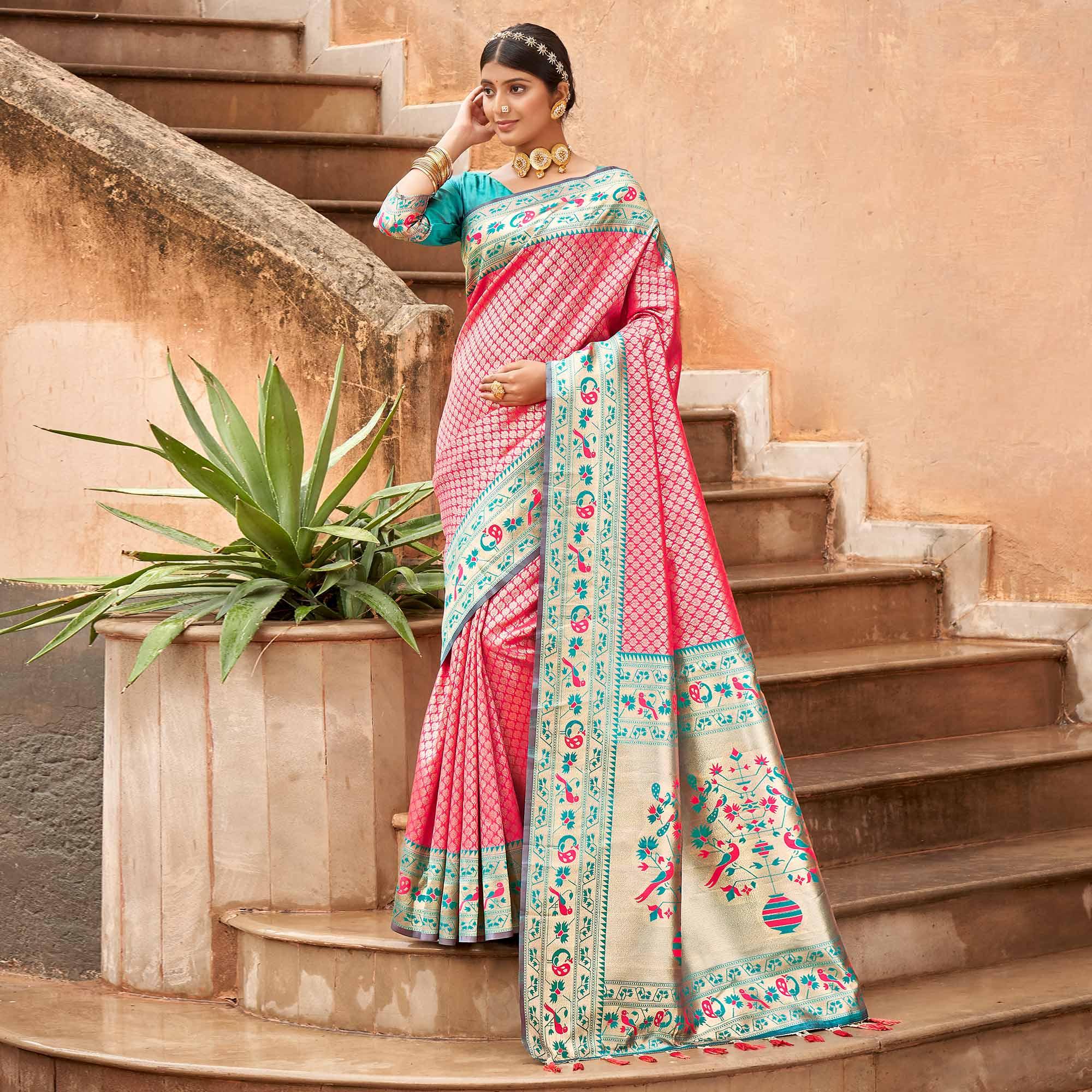 Pink Woven Banarasi Silk Saree - Peachmode