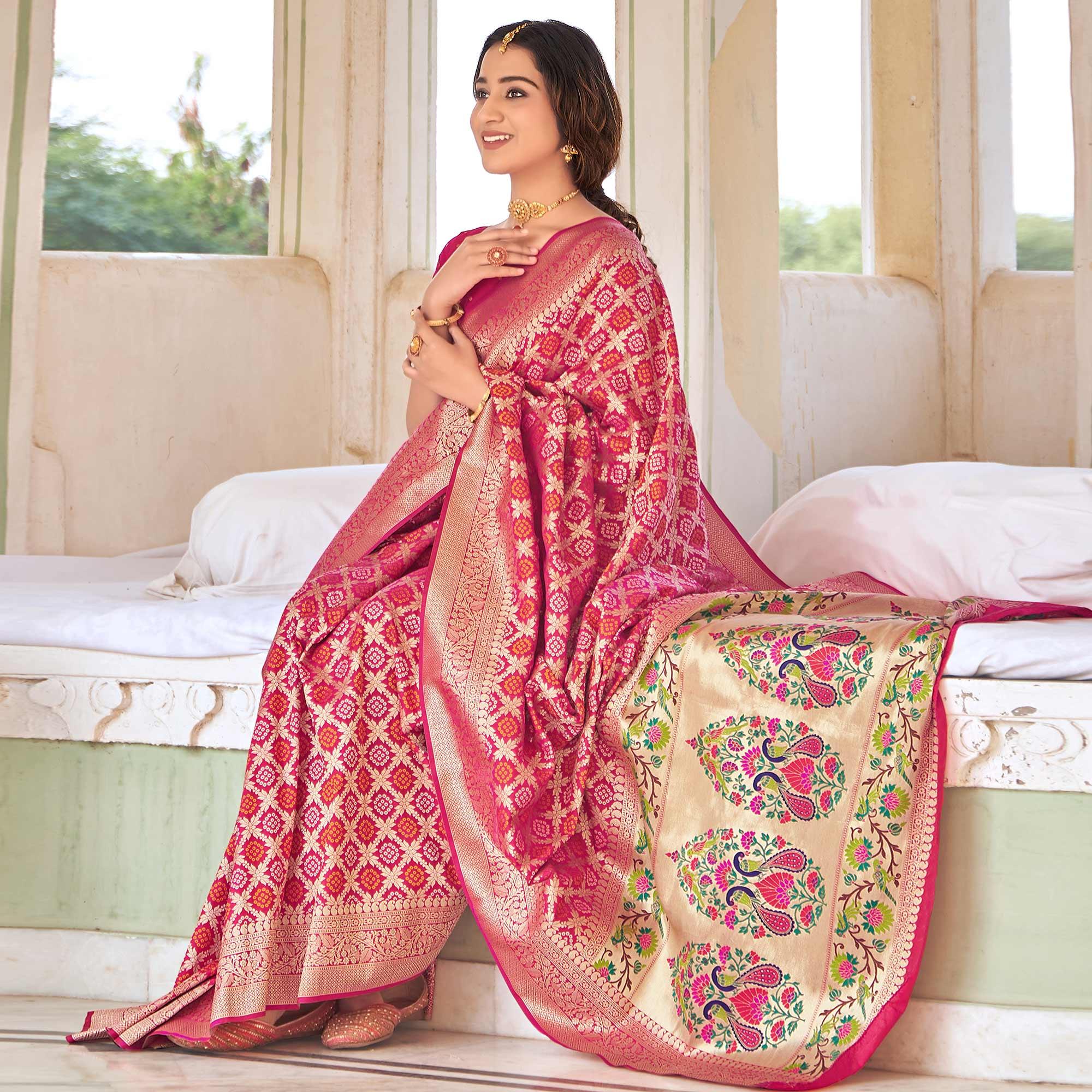 Pink Woven Banarasi Silk Saree - Peachmode