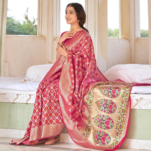 Pink Woven Banarasi Silk Saree - Peachmode