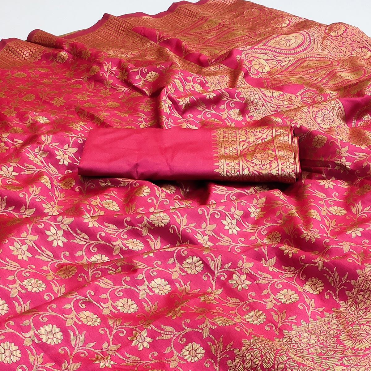 Pink Woven Banarasi Silk Saree - Peachmode