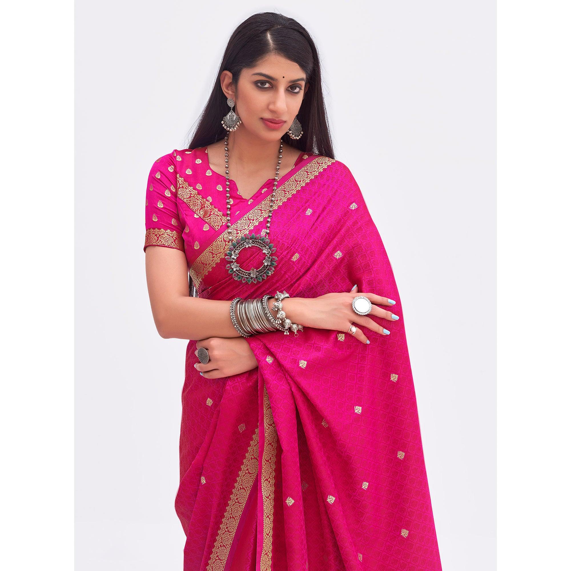 Pink Woven Banarasi Silk Saree - Peachmode