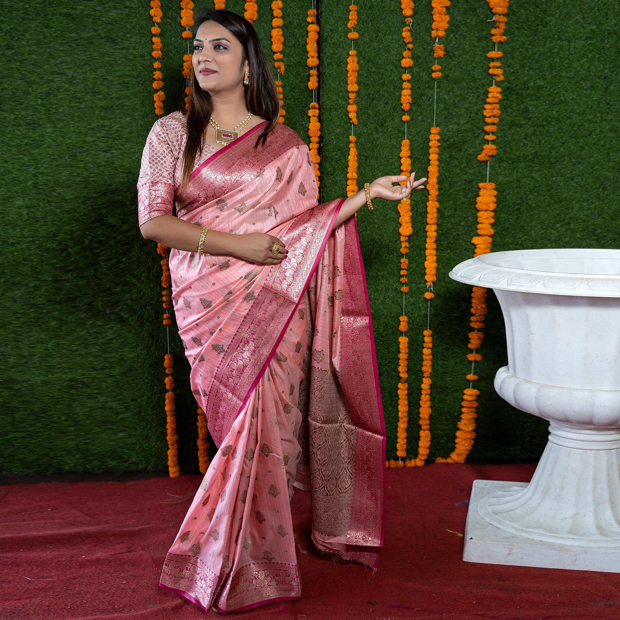 Pink Woven Banarasi Silk Saree - Peachmode