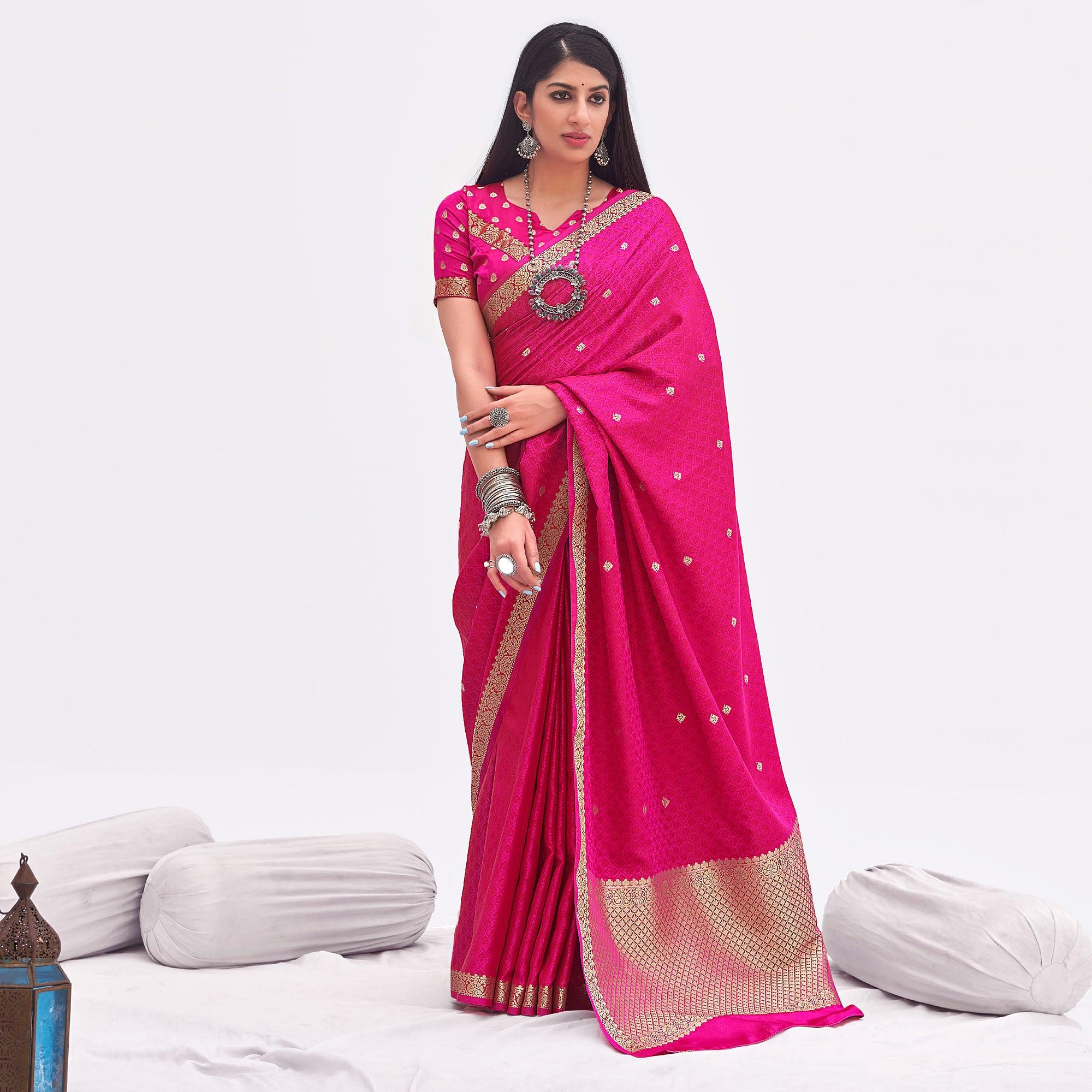 Pink Woven Banarasi Silk Saree - Peachmode