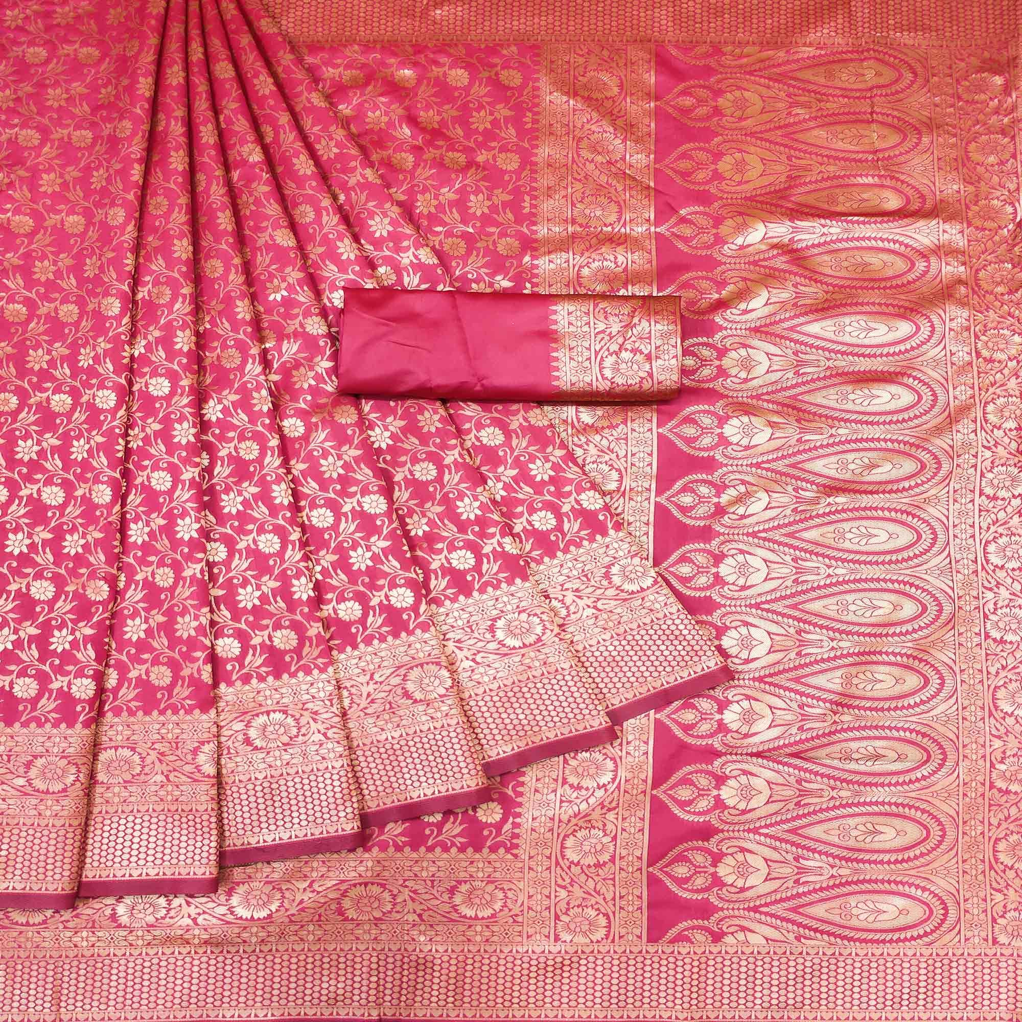 Pink Woven Banarasi Silk Saree - Peachmode