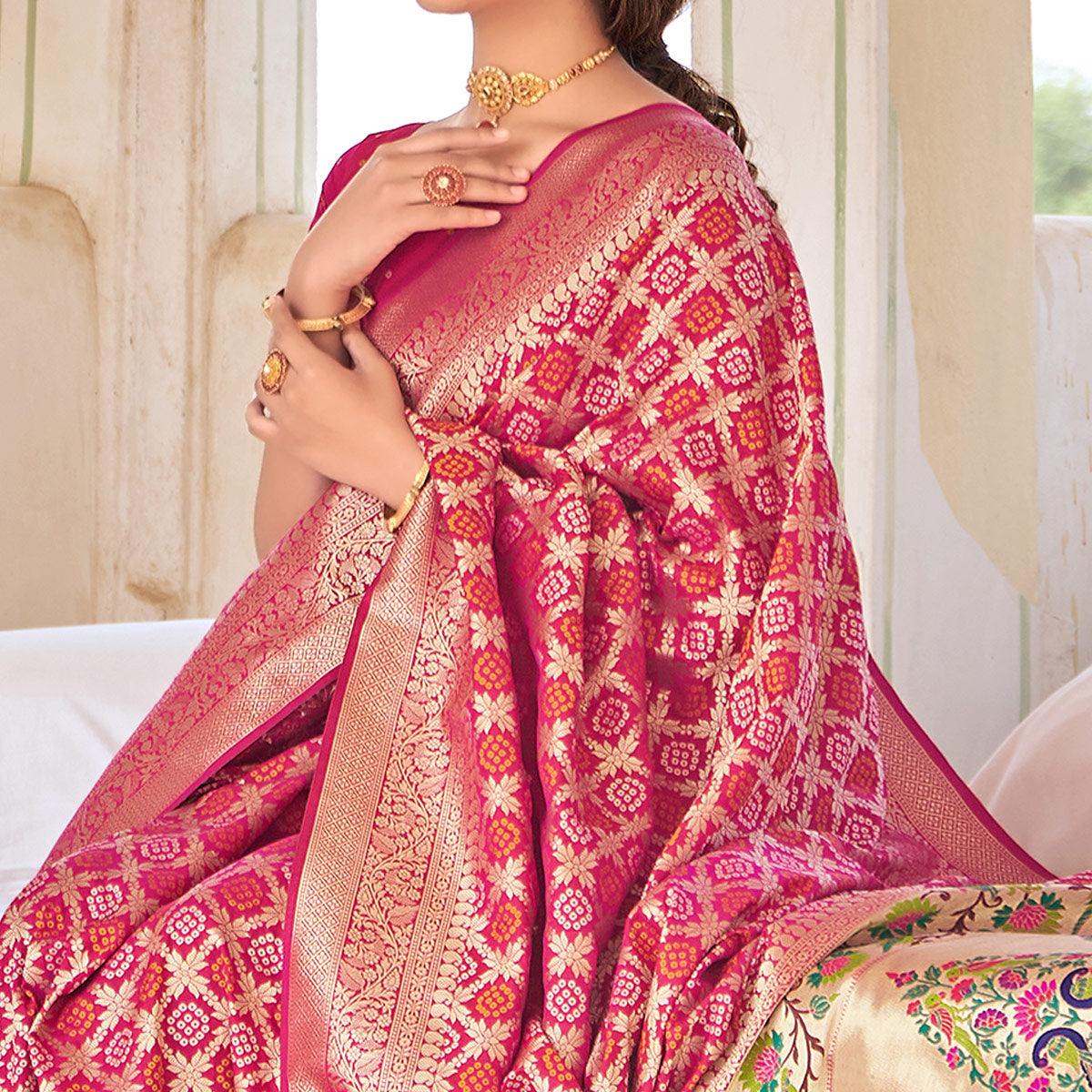 Pink Woven Banarasi Silk Saree - Peachmode