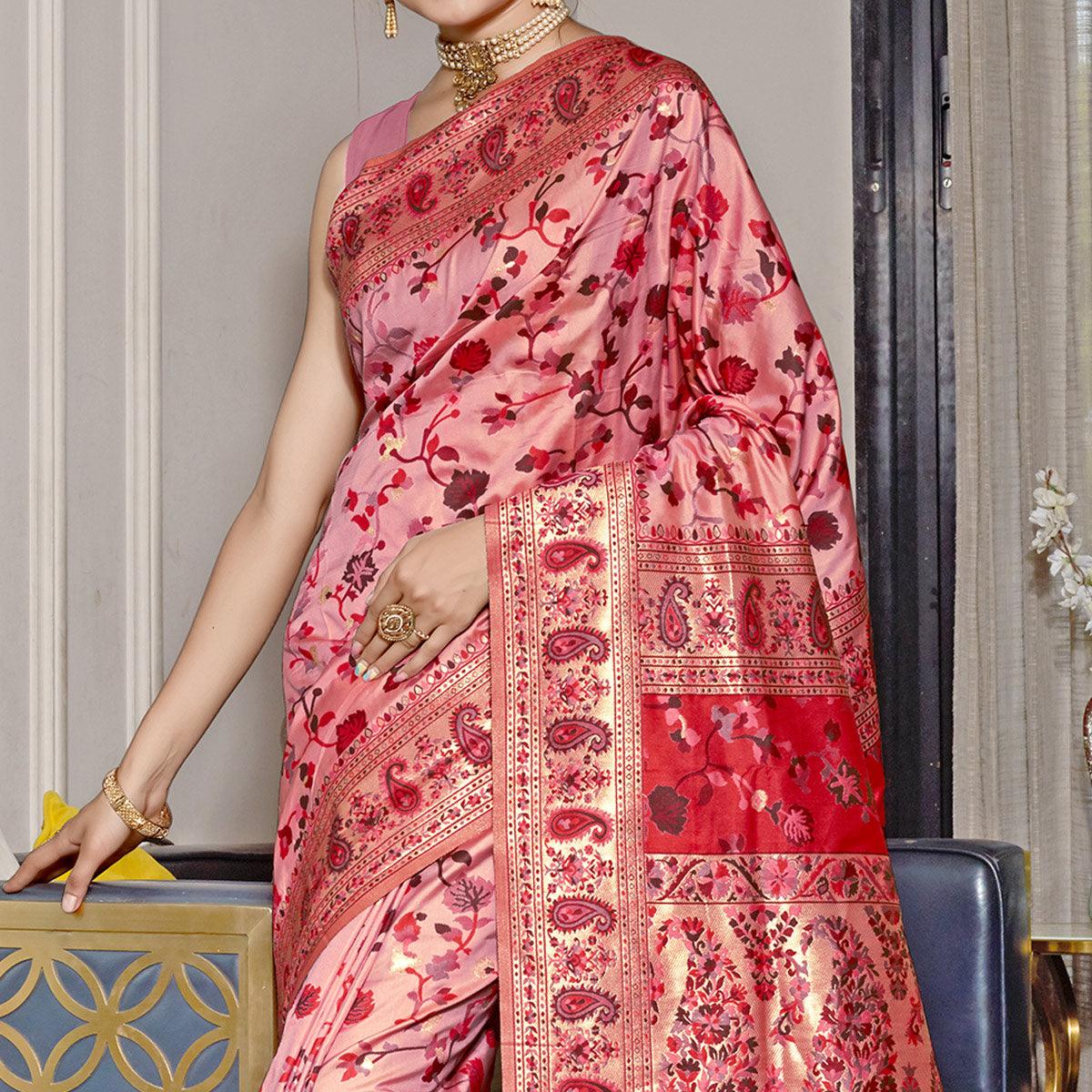 Pink Woven Banarasi Silk Saree - Peachmode
