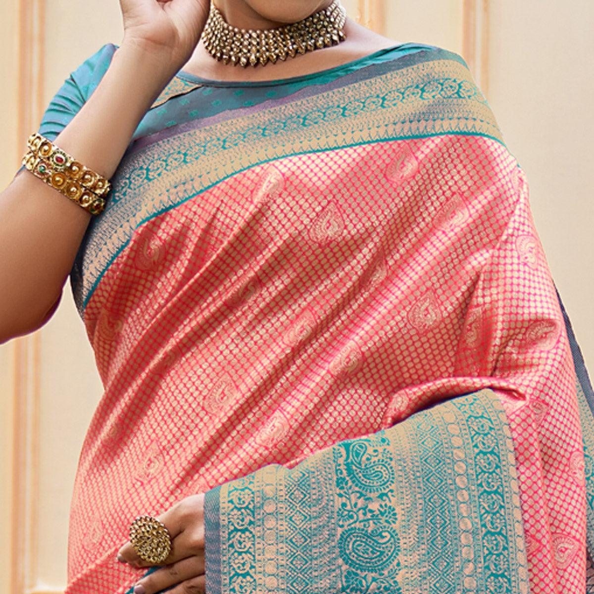 Pink Woven Banarasi Silk Saree - Peachmode