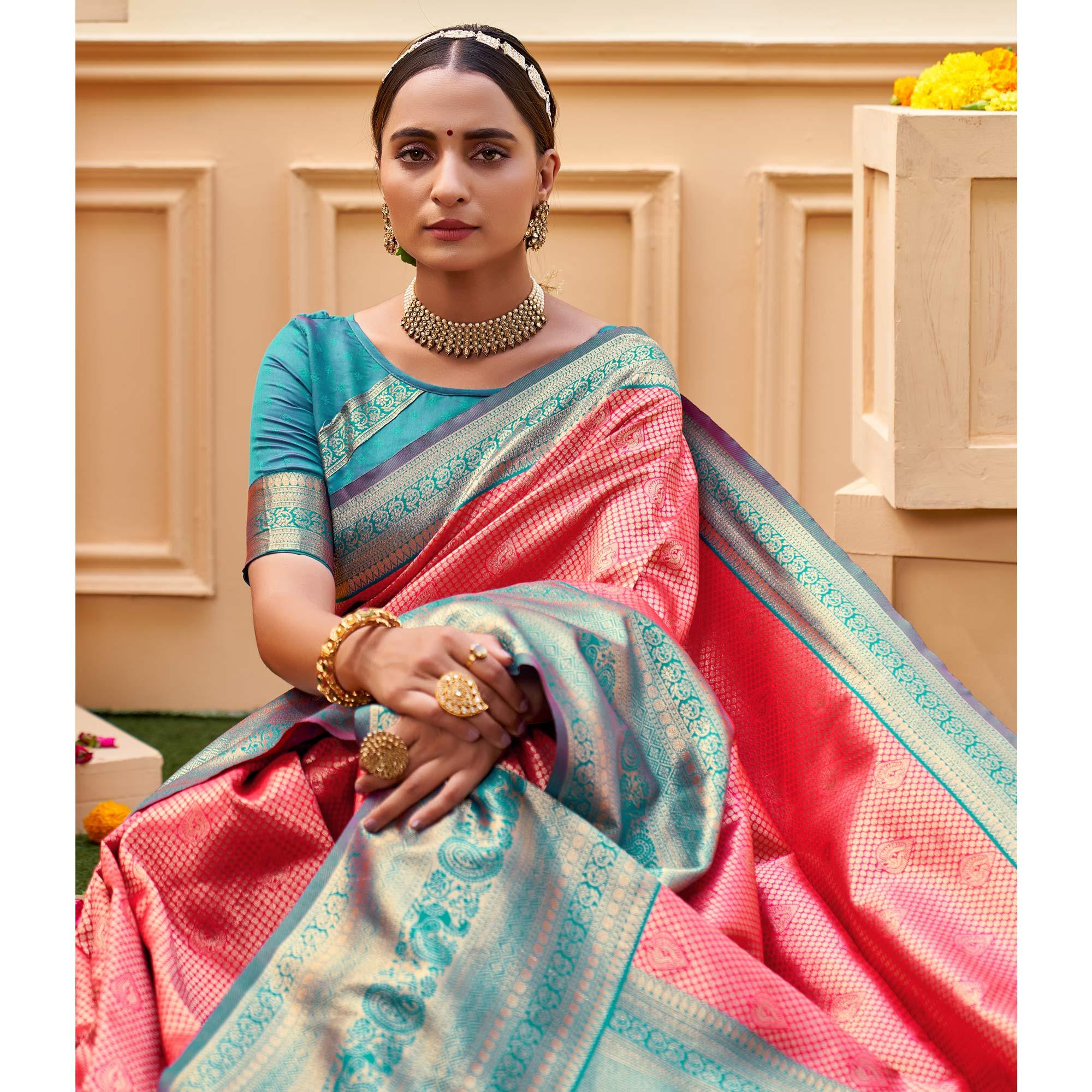 Pink Woven Banarasi Silk Saree - Peachmode