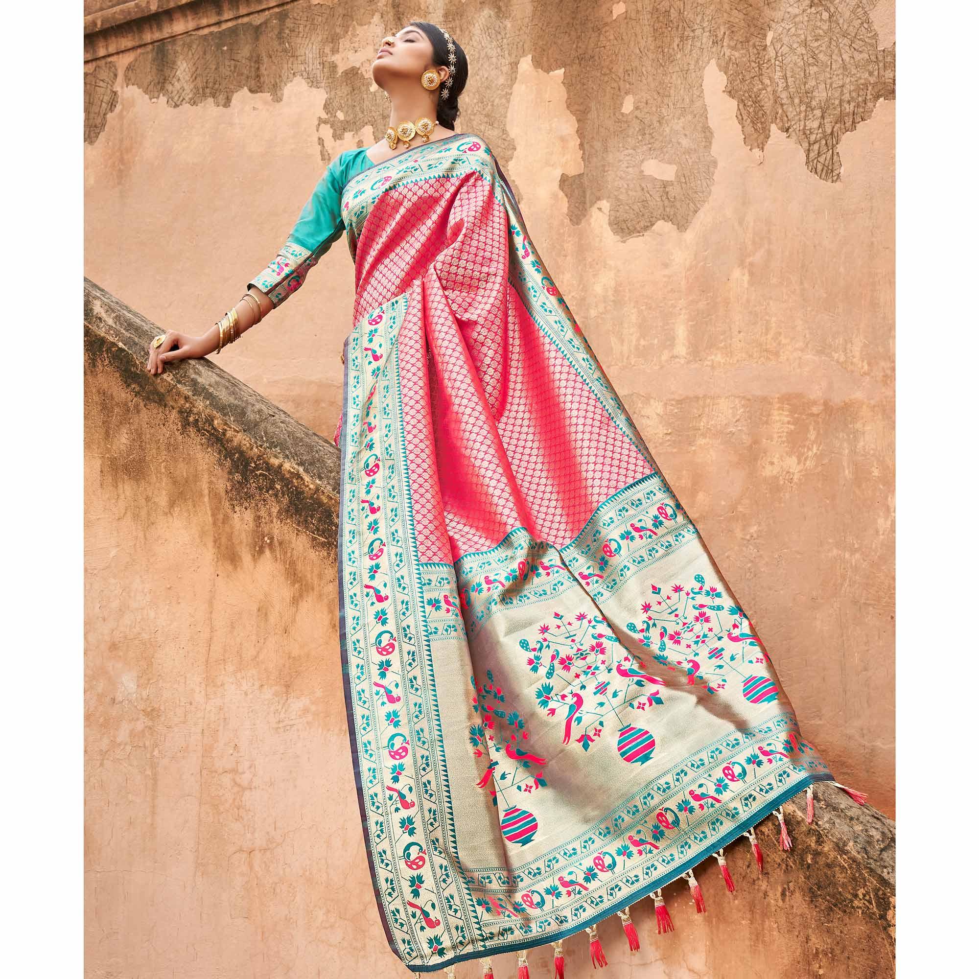 Pink Woven Banarasi Silk Saree - Peachmode