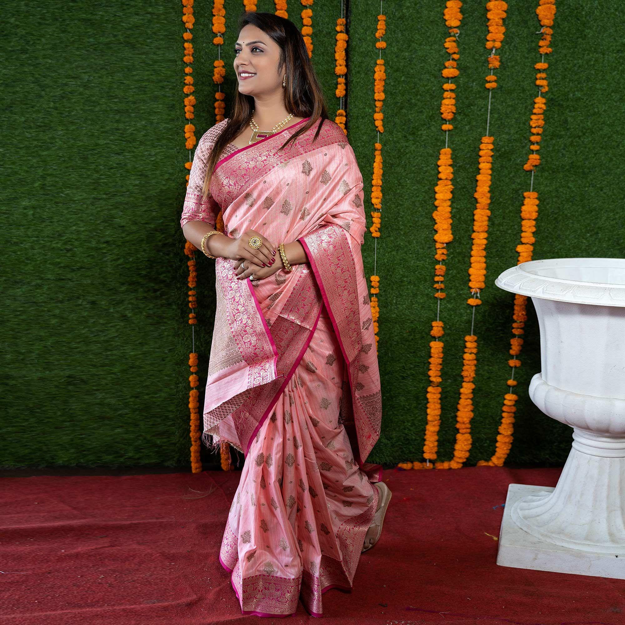 Pink Woven Banarasi Silk Saree - Peachmode