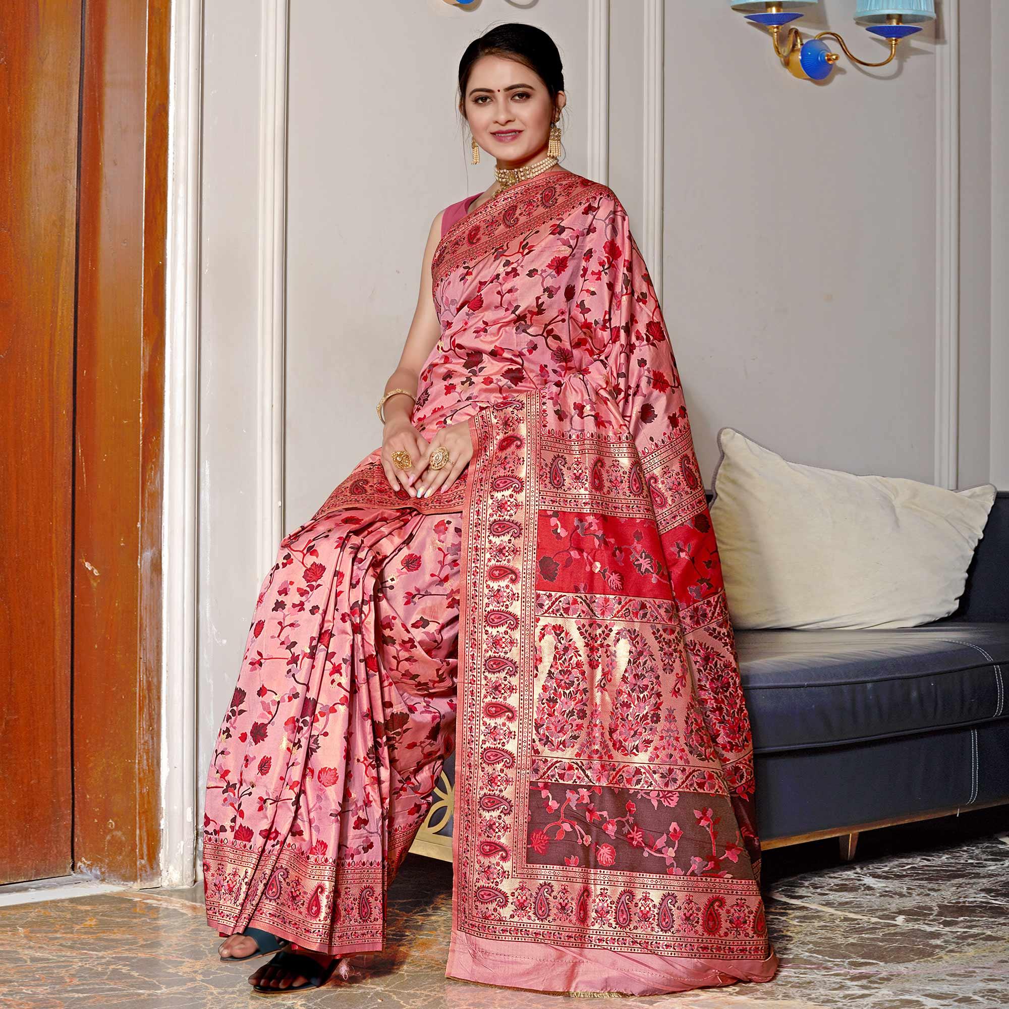 Pink Woven Banarasi Silk Saree - Peachmode